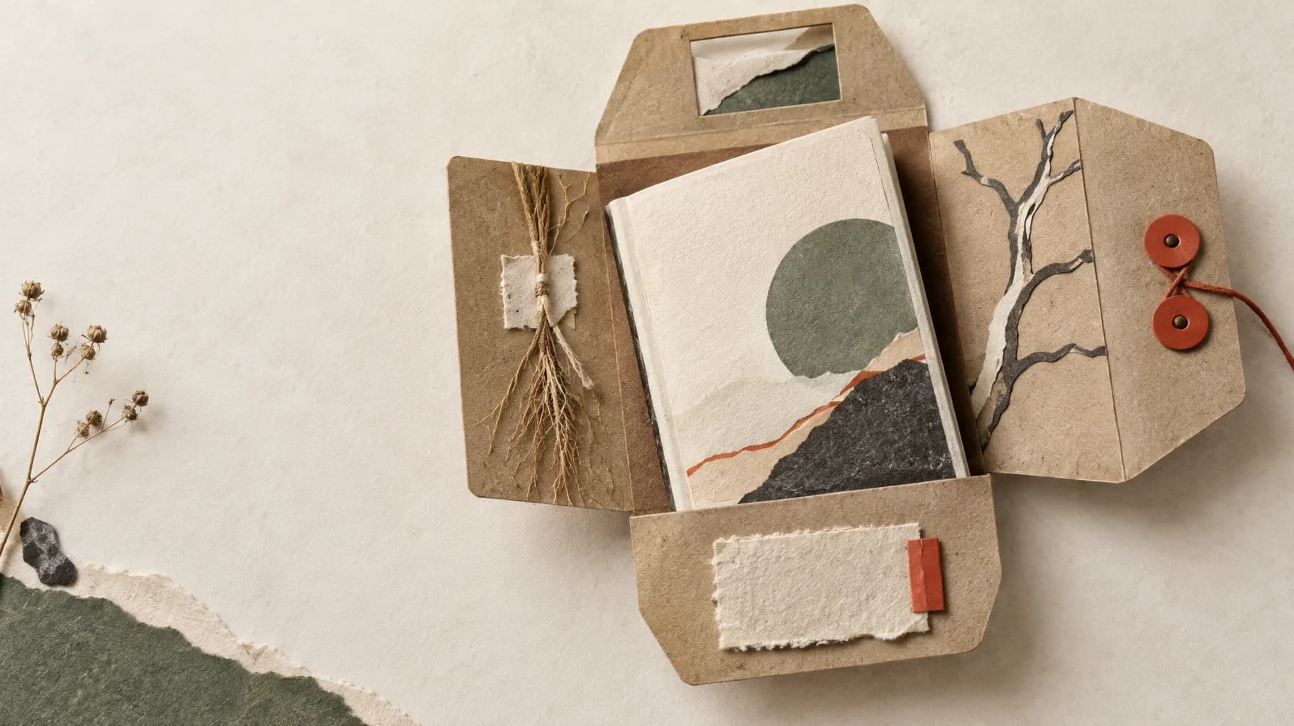 A booklet rests in a five-flap paper envelope with attached details for origin, fit, decisions, permission and revision.