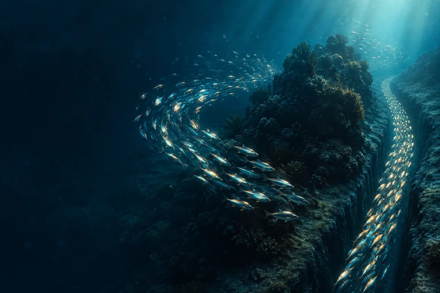 Two fish formations in deep ocean: one guided by a trench, one moving freely in coordinated flow