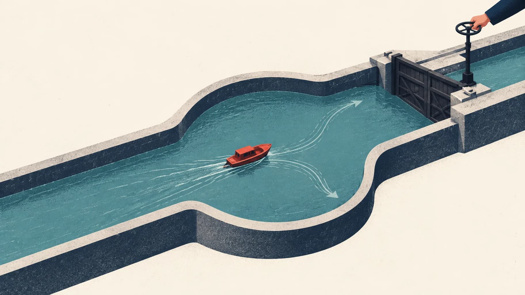 A boat navigates a widened canal but must stop at a lock gate controlled by a human hand.