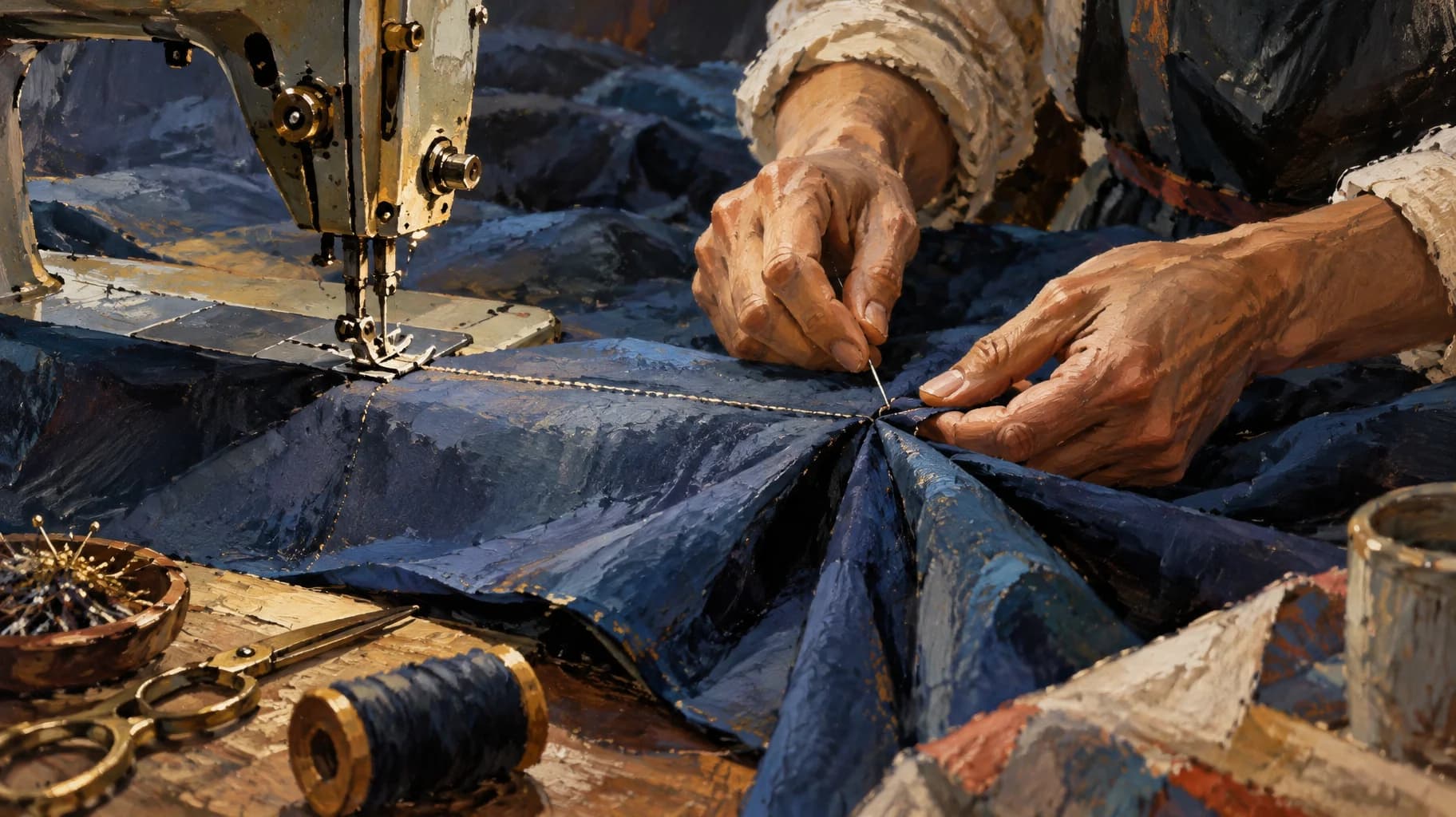 A straight machine-sewn seam meets complex fabric folds that a tailor carefully positions for hand stitching.