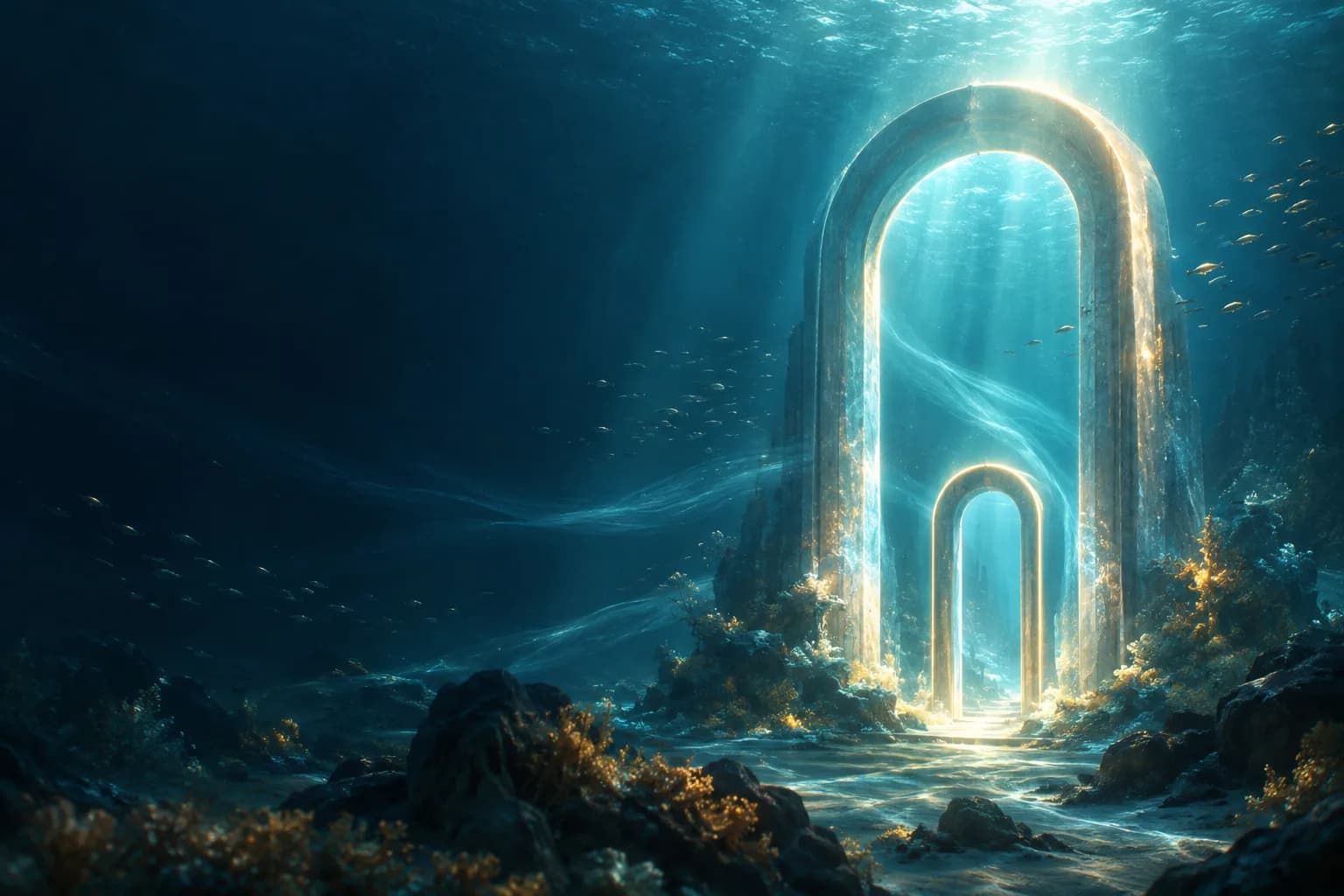 Glowing underwater archway with a smaller doorway inside, standing on the seafloor in a deep-ocean glow.