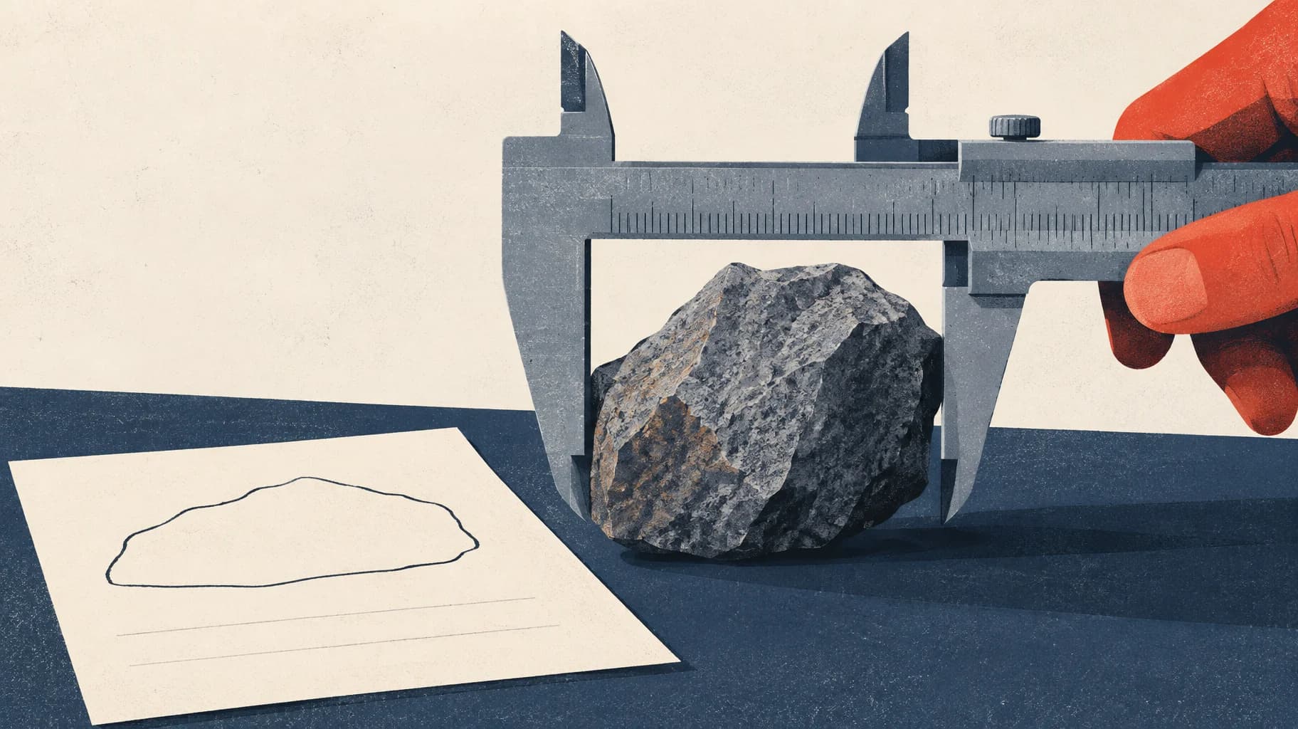 An adjustable caliper measures an irregular stone above a mostly blank sheet recording its actual profile.