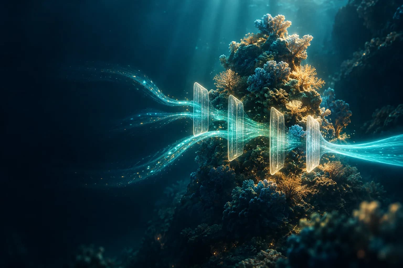 Glowing ocean currents pass through clear tidal gates around a coral archive and merge into one controlled stream.