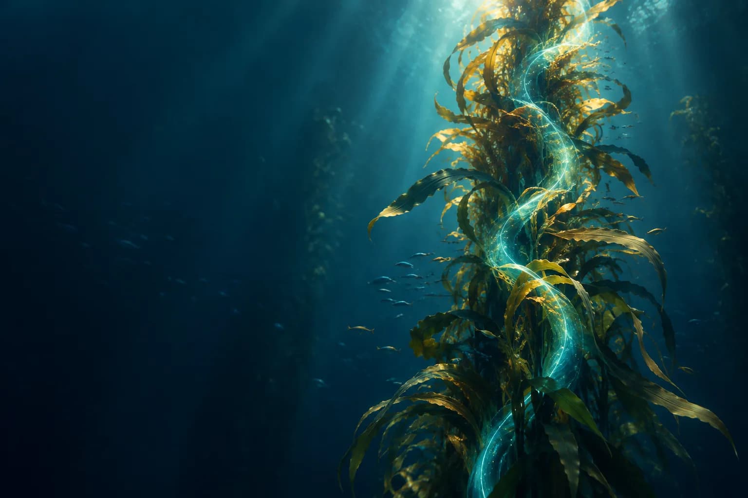 Tall kelp forest with a single glowing current rising through it in vertical light