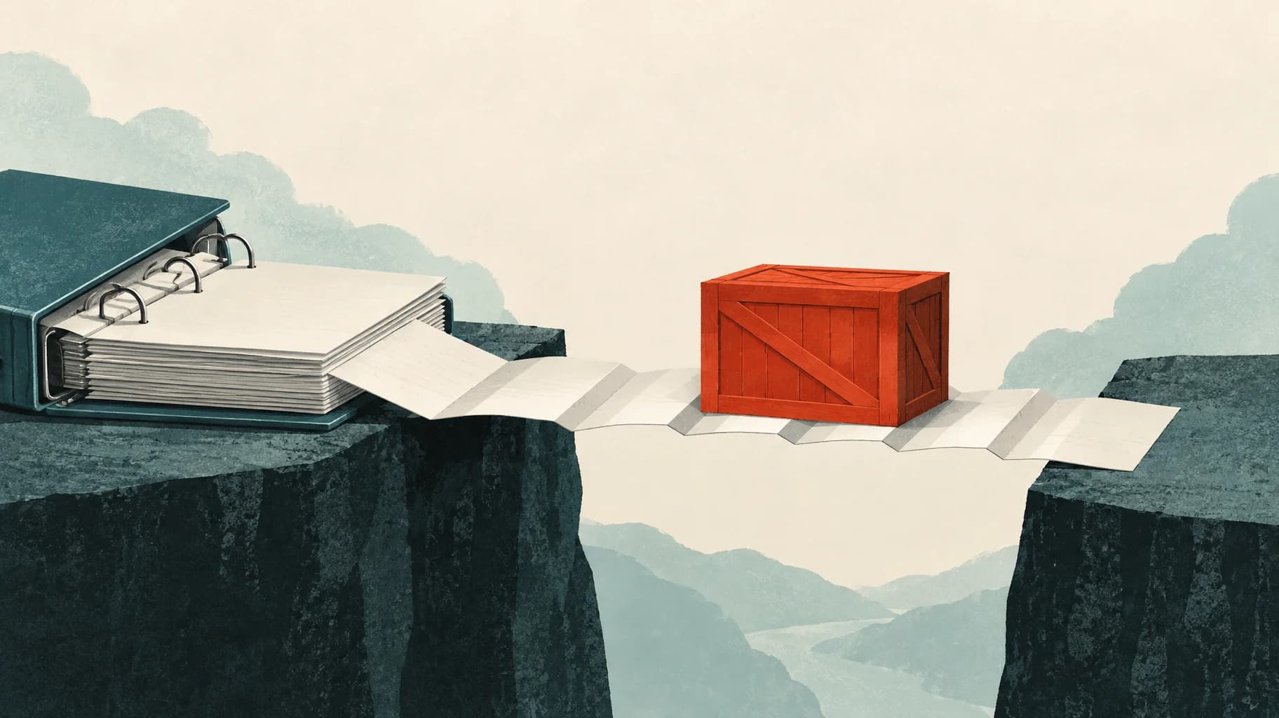 One sheet from an open binder forms a pleated bridge across a gap, carrying a red freight crate.