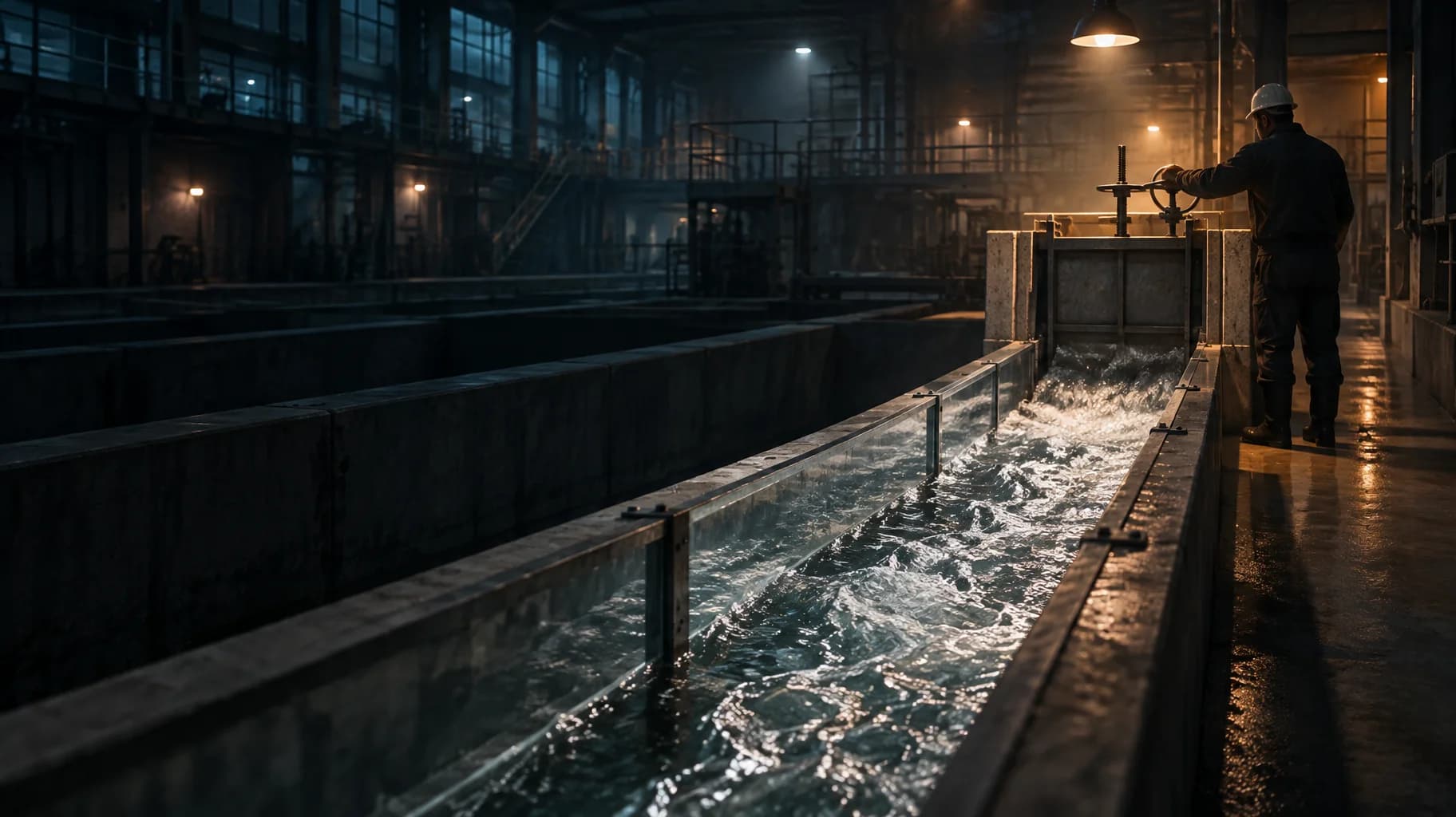 An operator watches water in one illuminated test channel ending at a closed manual gate; larger channels remain dry.