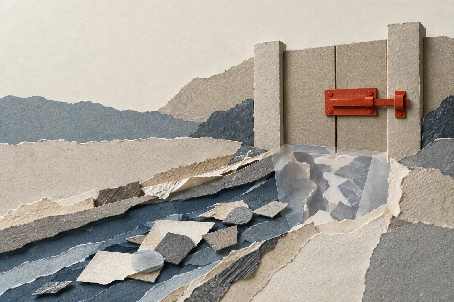 Layered paper channel has a gap visible through tracing paper before a closed gate with a red bolt.