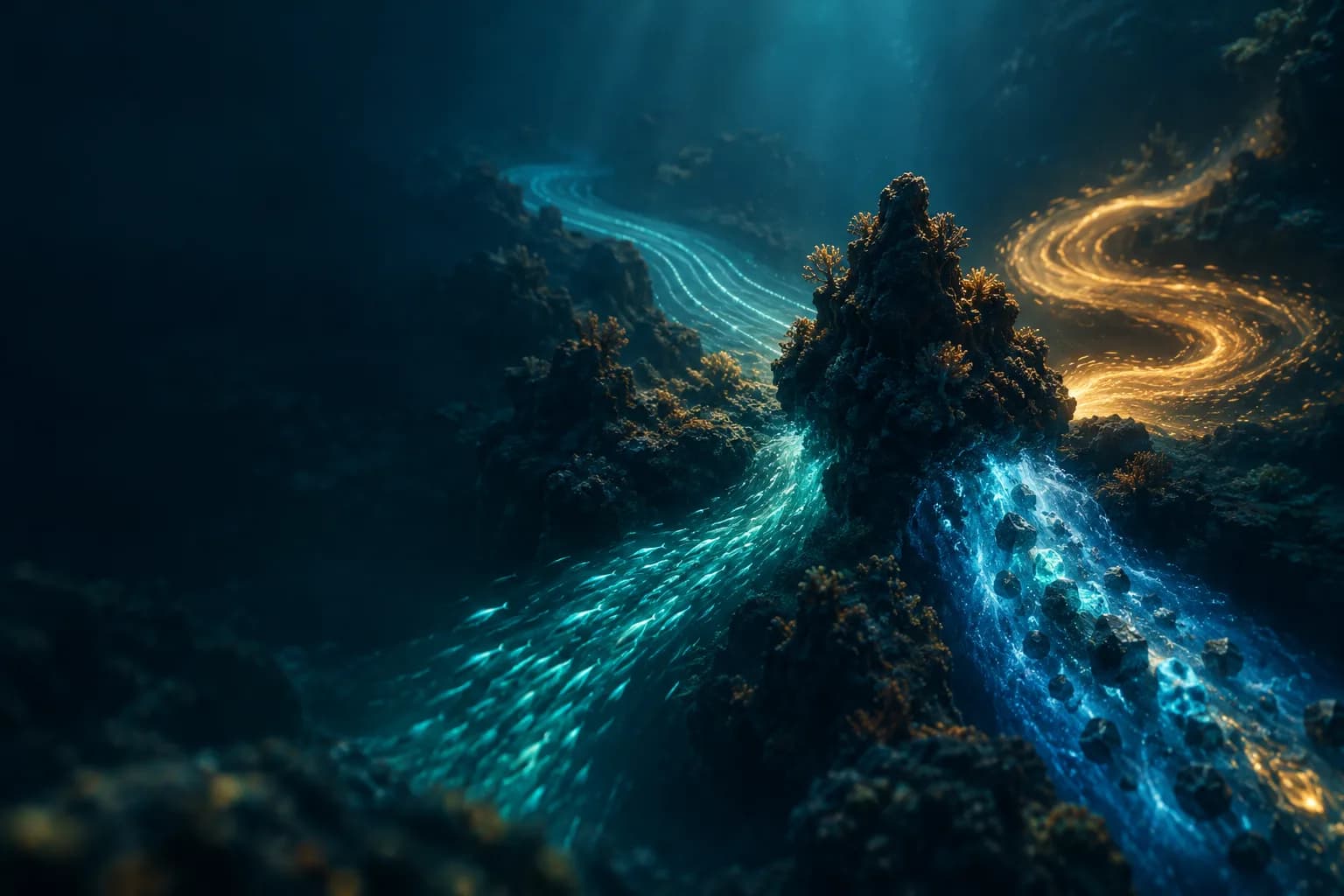 Deep-ocean tidal channel splitting into four bioluminescent currents around a central coral outcrop