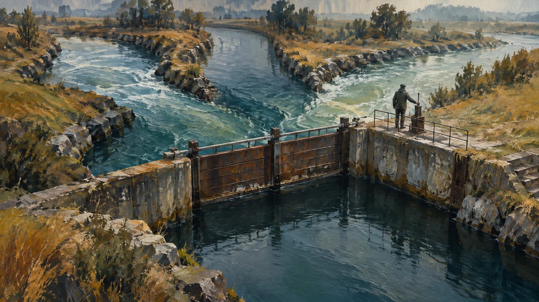 Three water channels meet at a closed sluice gate, where an operator rests a hand on the release lever.