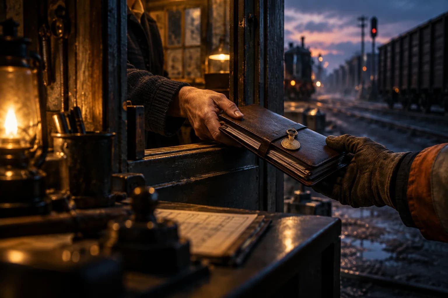 A dispatcher passes a document wallet with an attached brass authority token through a hatch; a freight train waits outside.