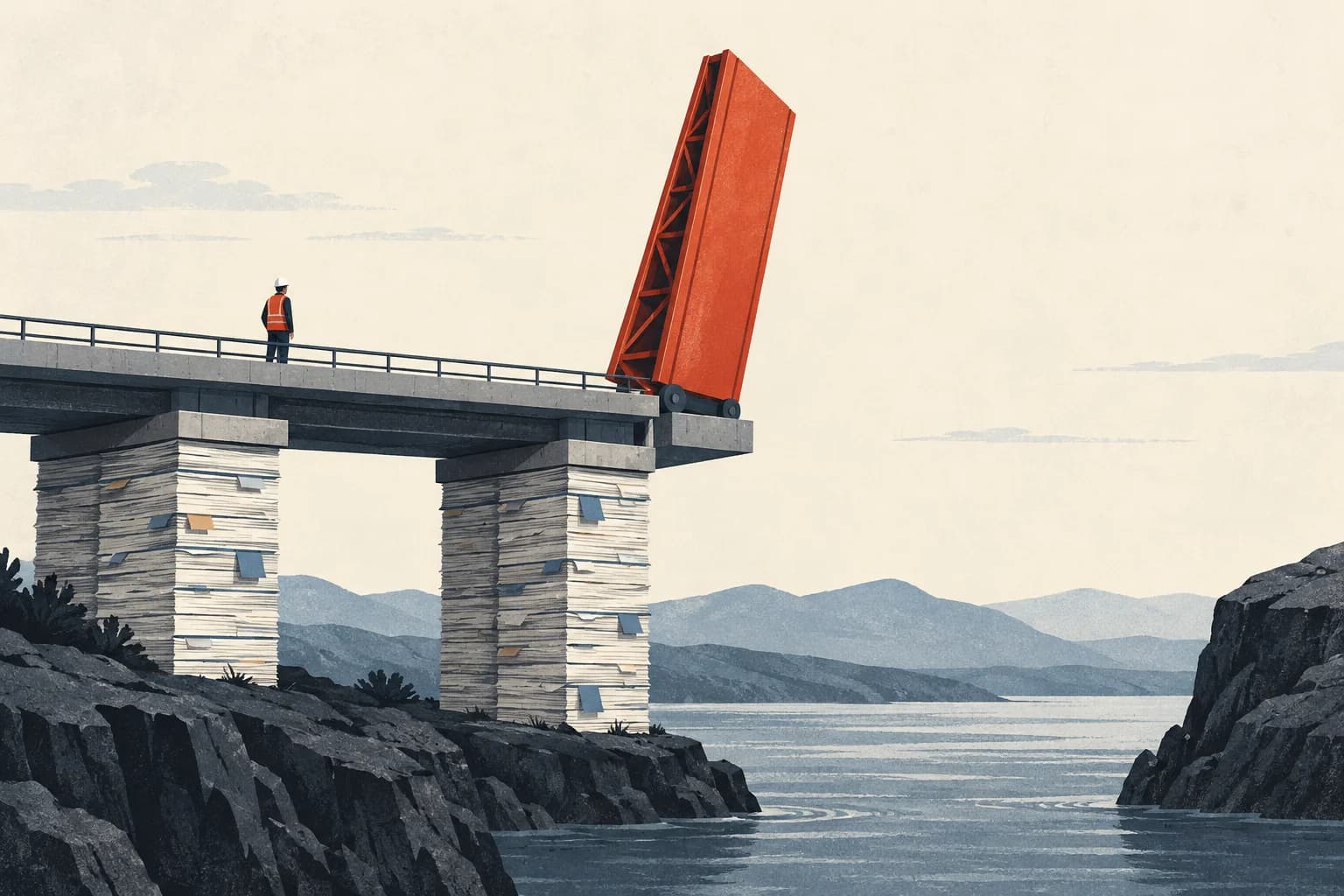 An unfinished bridge stands on piers of paper records, with its next section raised above an unsupported gap.