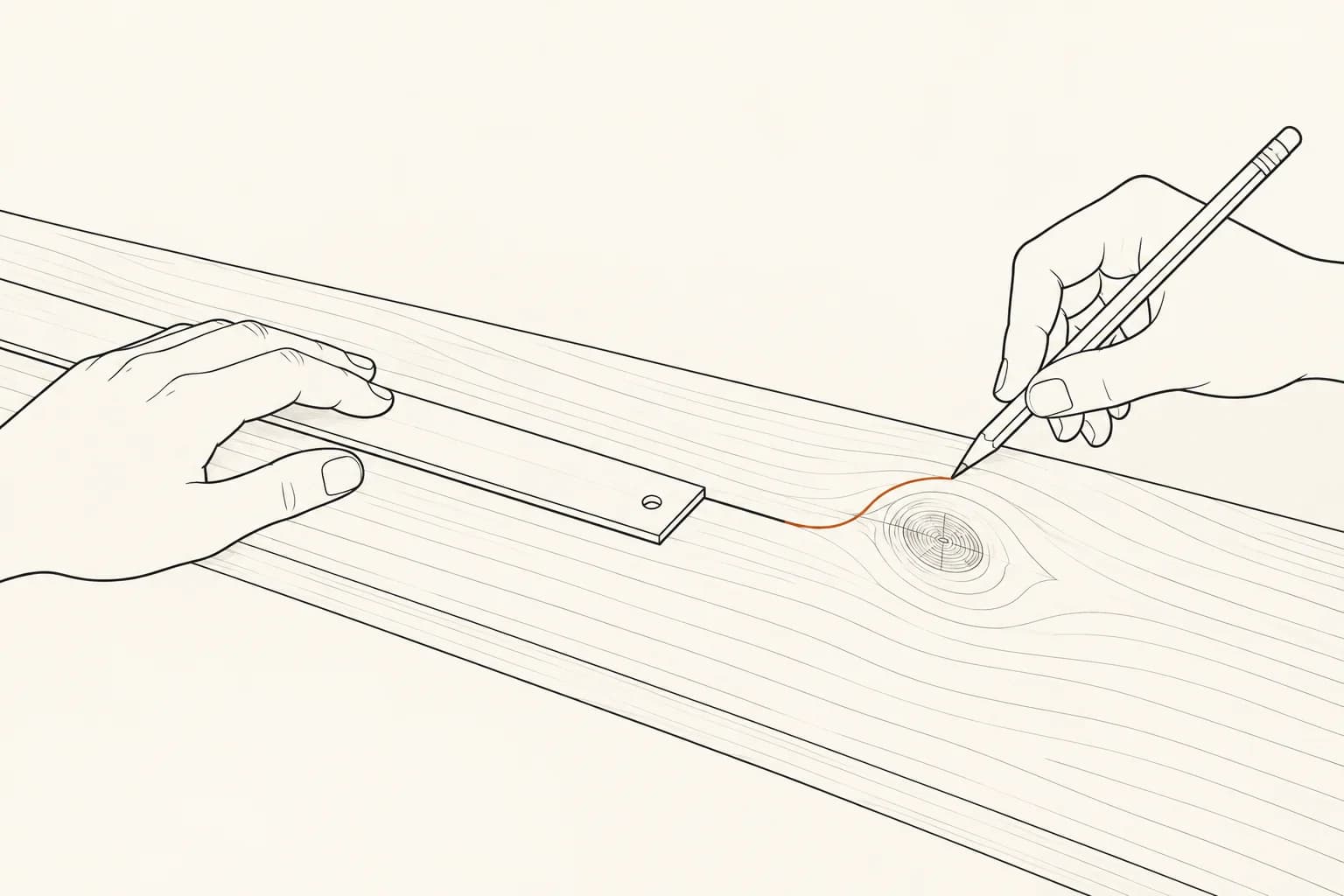 A hand draws along a straightedge on wood, then curves the line around a knot in terracotta.