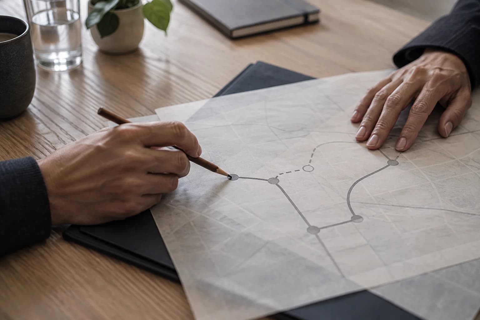 Two cropped hands share a translucent route plan, with a pencil poised before a clearly visible gap.