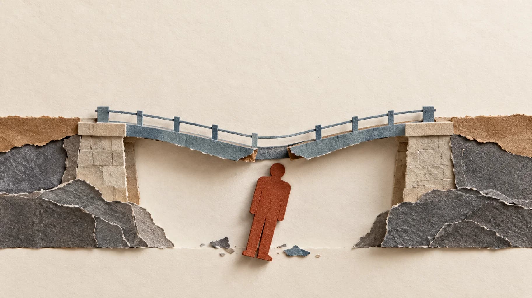 A paper bridge sags where its central, human-shaped support has been partially pulled away.