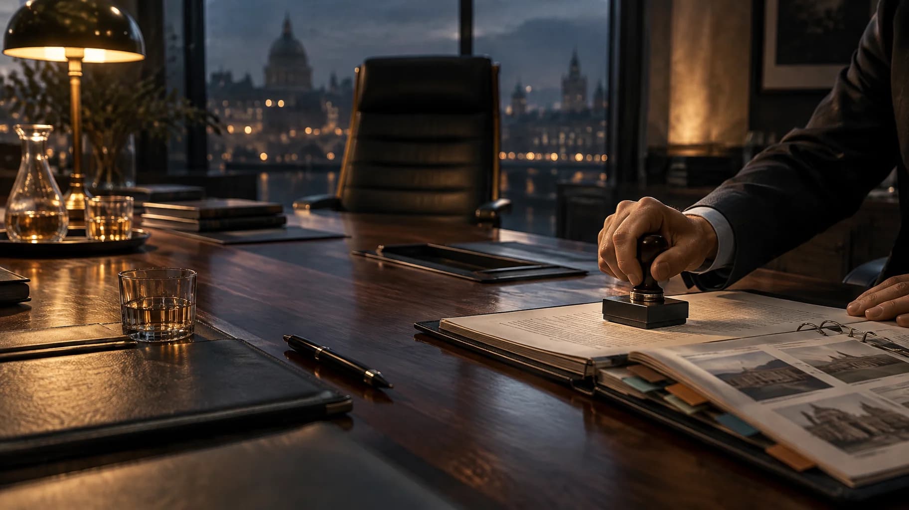 An associate stamps a proposal beside a reference binder while the chair at the head of the table remains empty.