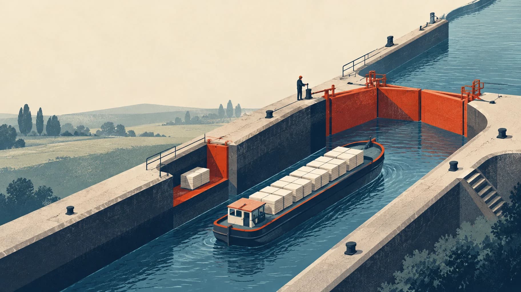 A canal lock aligns two water levels before releasing record cards; one card waits in a separate holding berth.