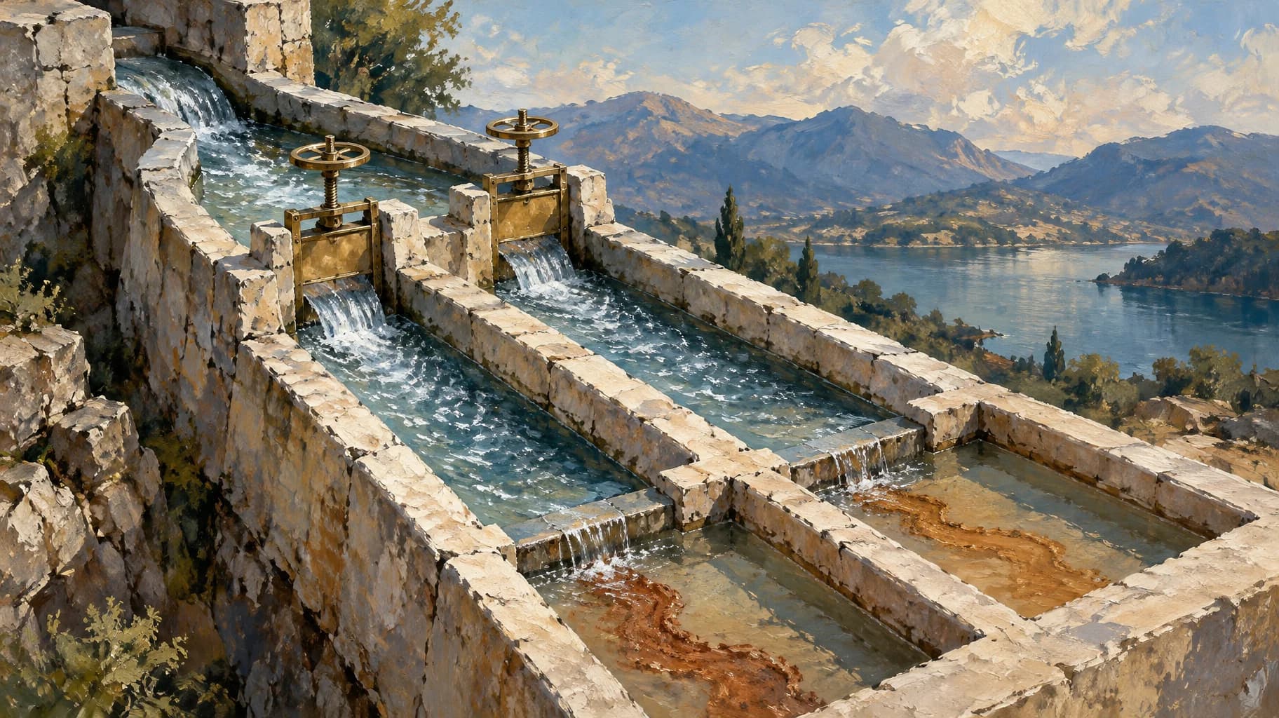 One stream divides into two stone channels with matching brass gates and visible sediment trails in shallow basins.