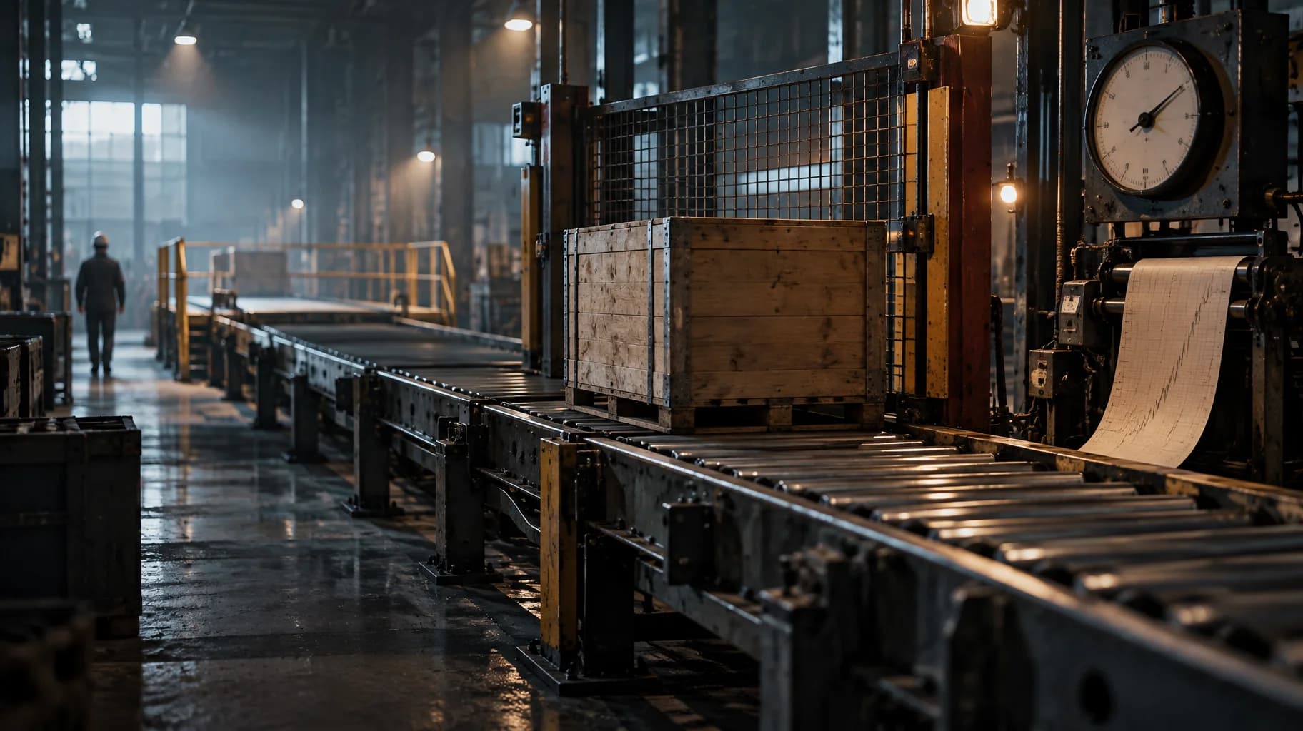 A crate pauses at a locked gate on an industrial test rig, with a paper trace recording its progress.