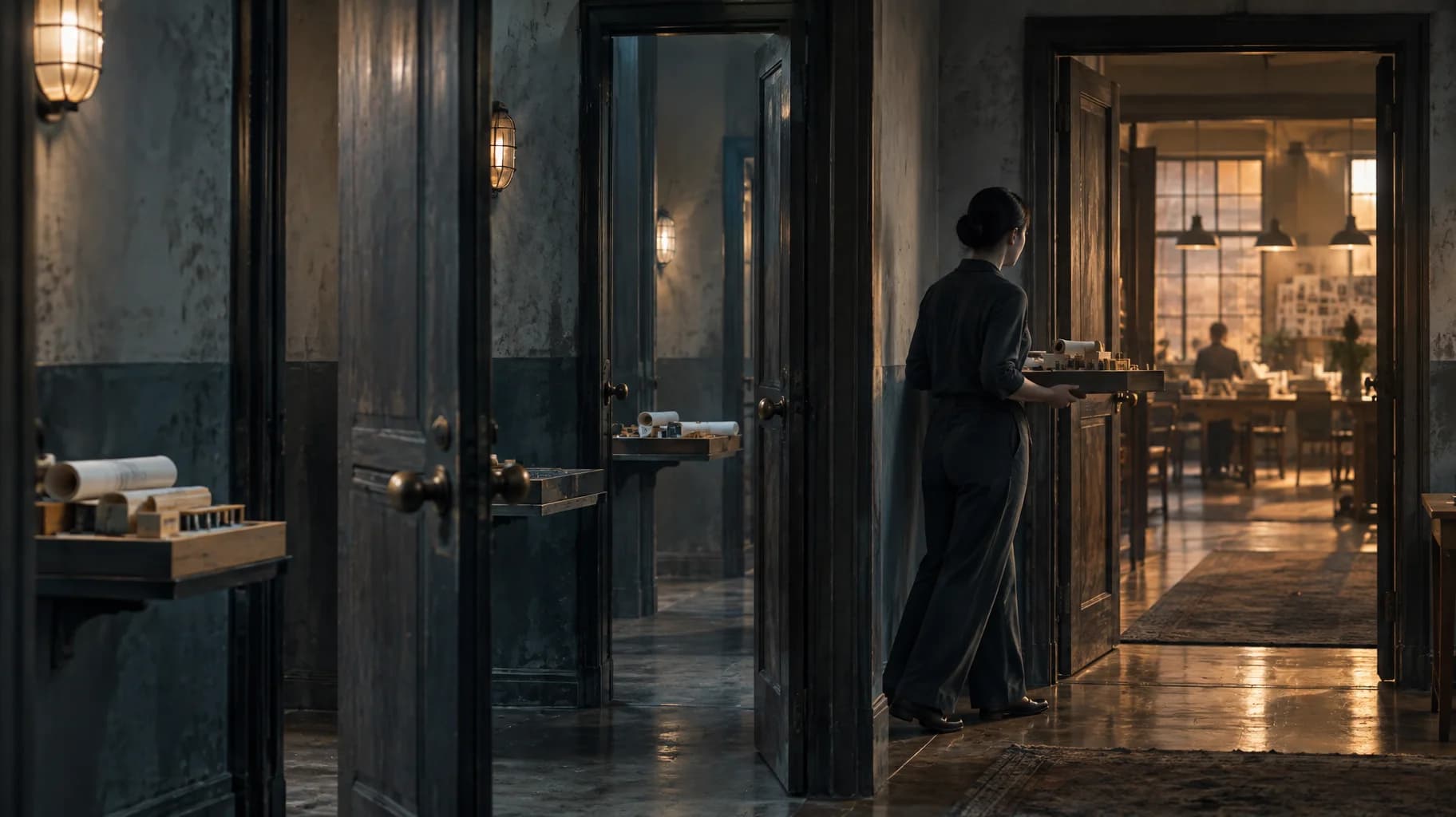 An operator carries project materials through repeated heavy doorways toward a single shared workroom.
