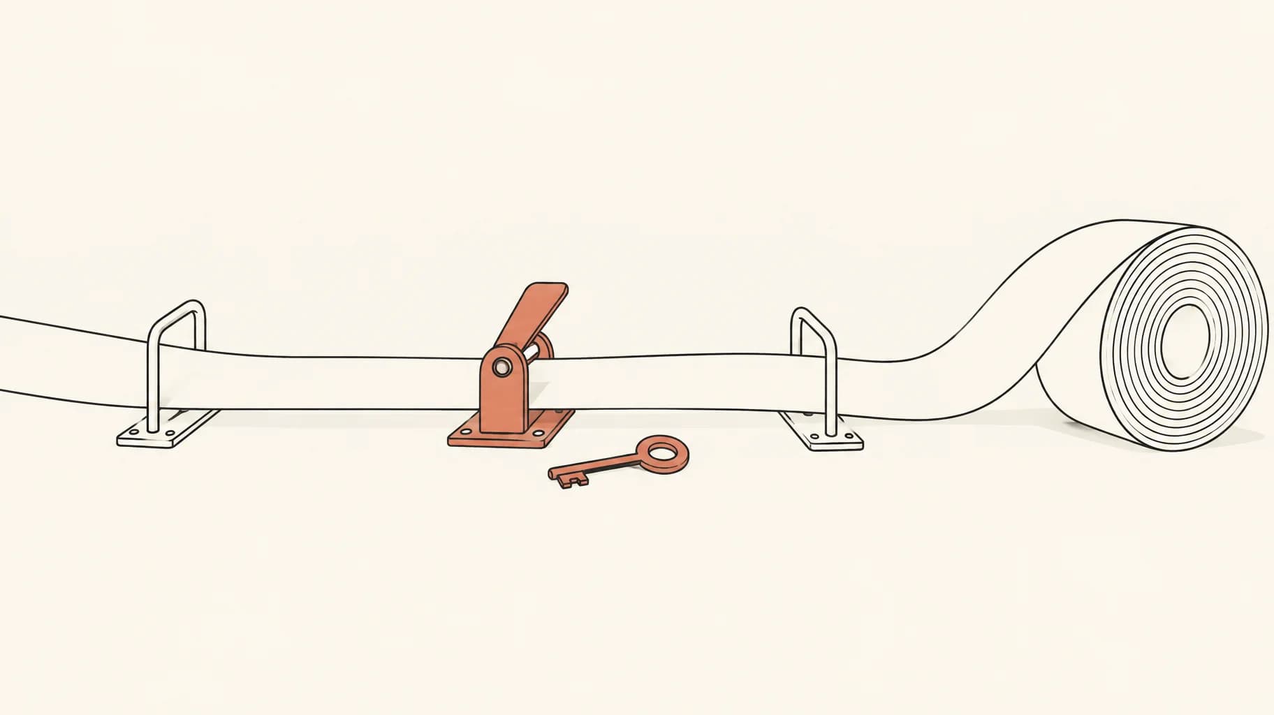 A paper ribbon passes through wire guides and a keyed approval clasp, then curls into a retained record.