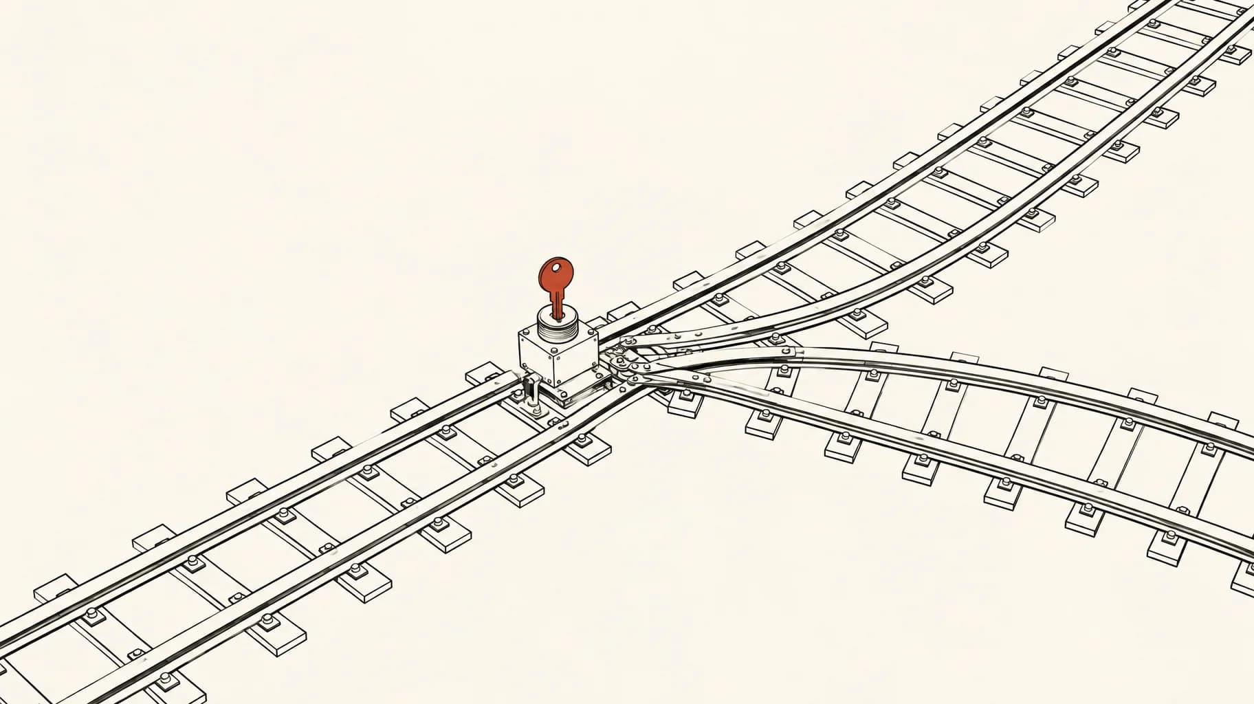 A railway track forks beside a key-operated switch, with a red key marking the authority to change direction.