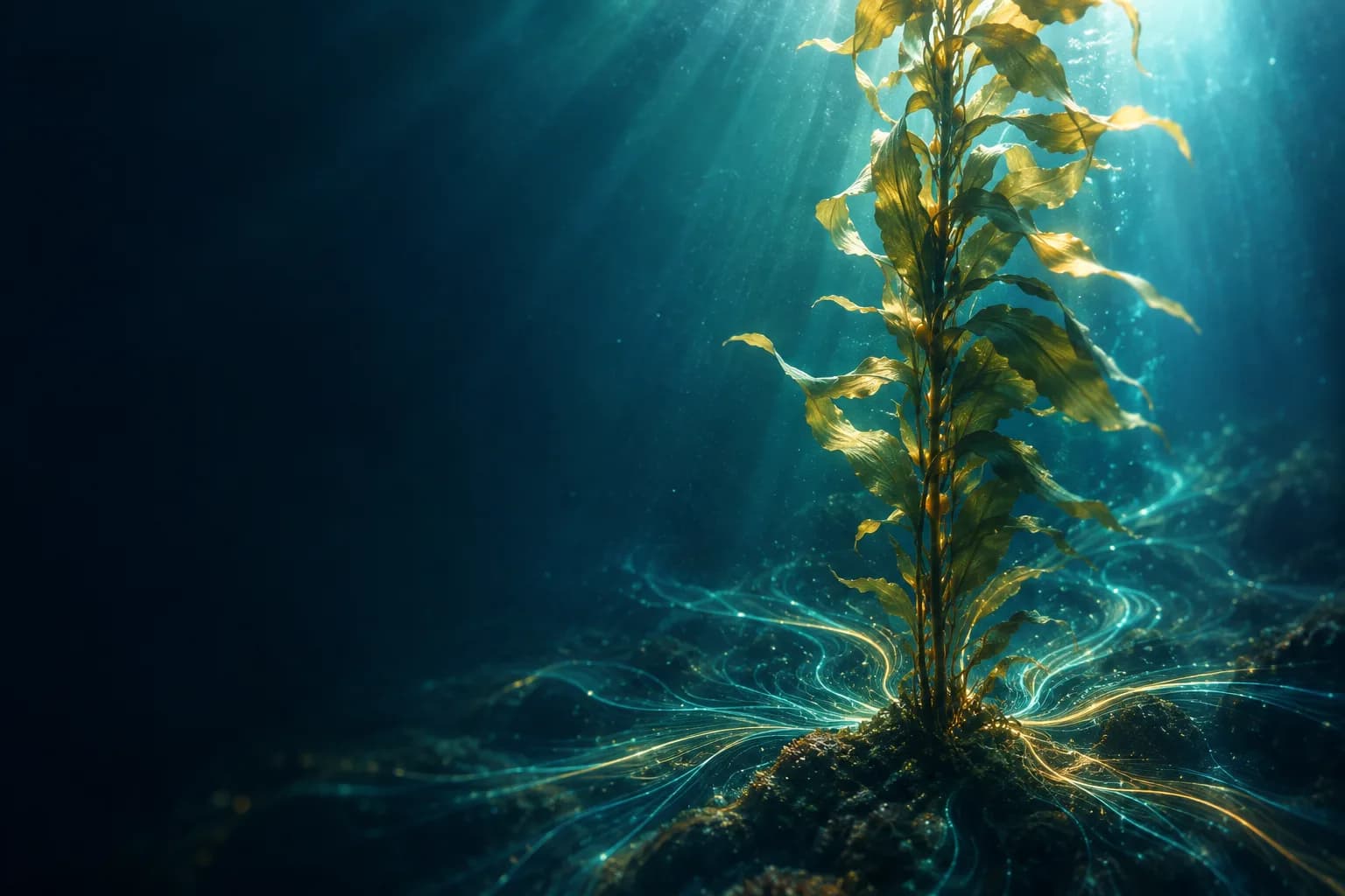 Tall kelp stalk in blue light, with branching current patterns below