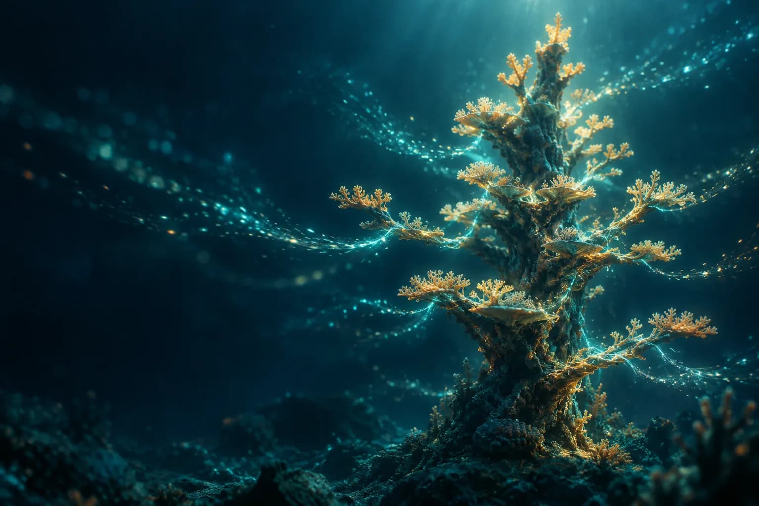 A branching coral tower collecting drifting currents in a luminous deep-ocean scene