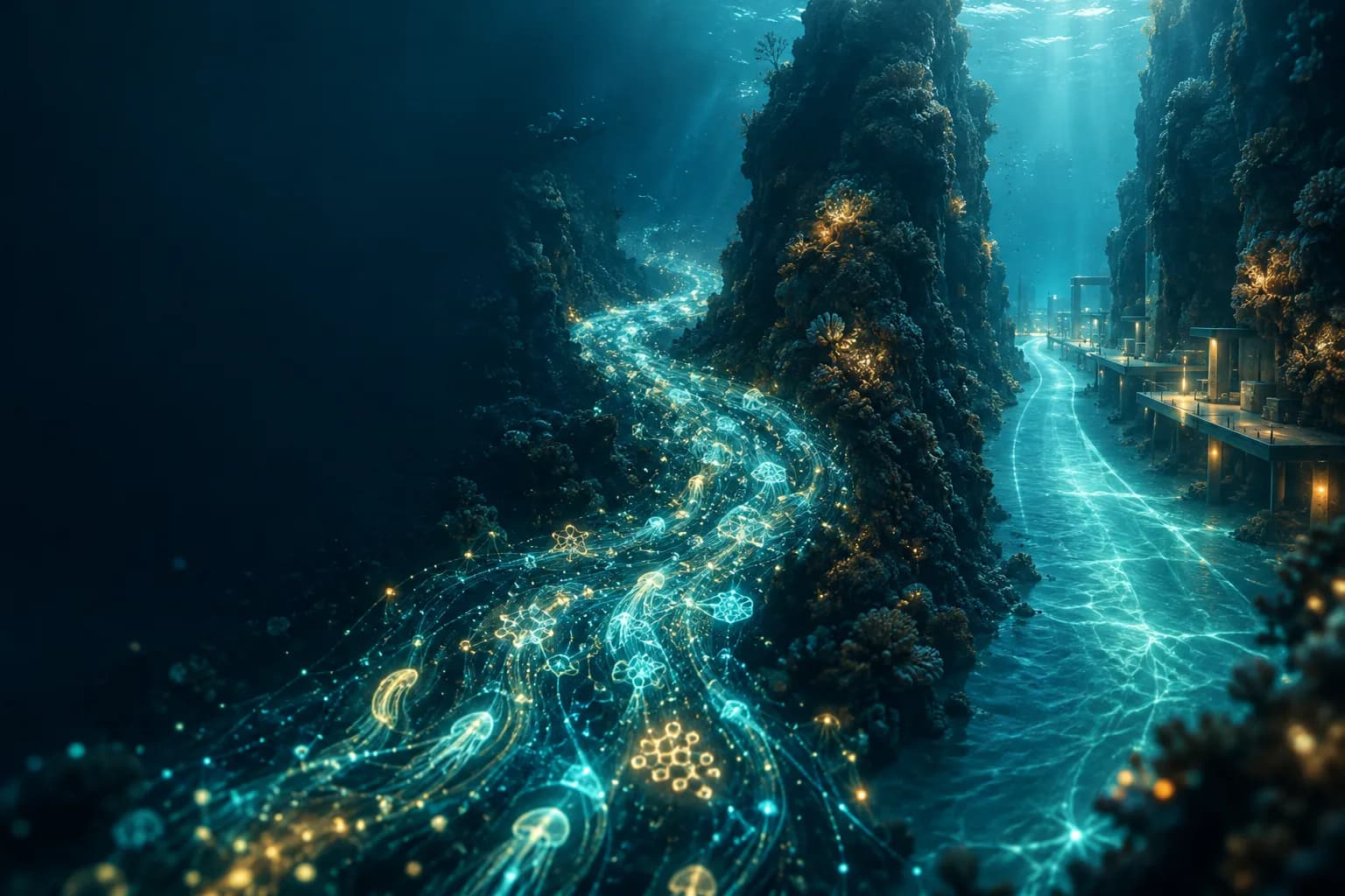 Bioluminescent tide splitting around reef walls, one patterned current and one clear flowing corridor