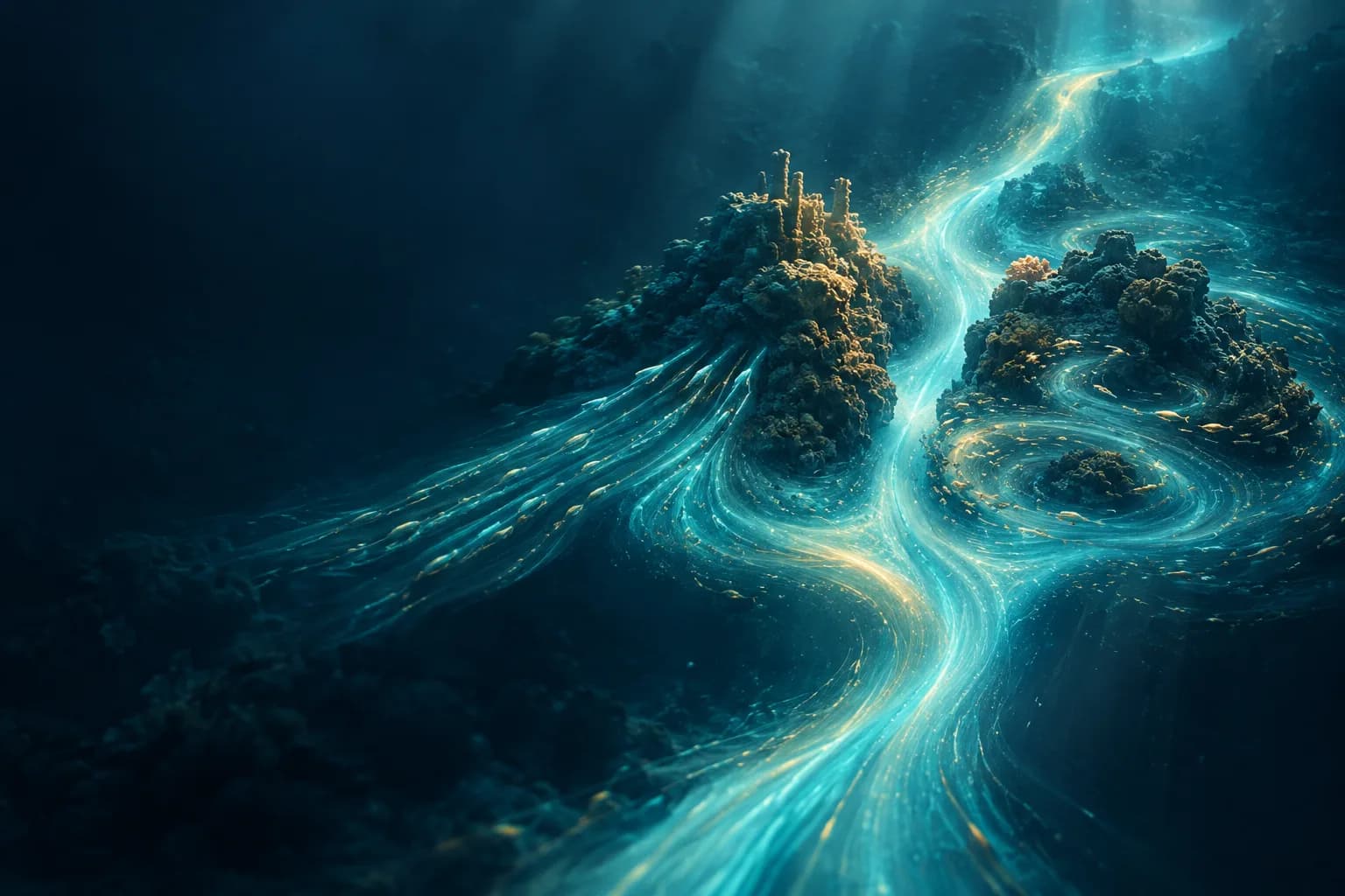Bioluminescent currents split around two reef structures and reunite into one guiding tide.