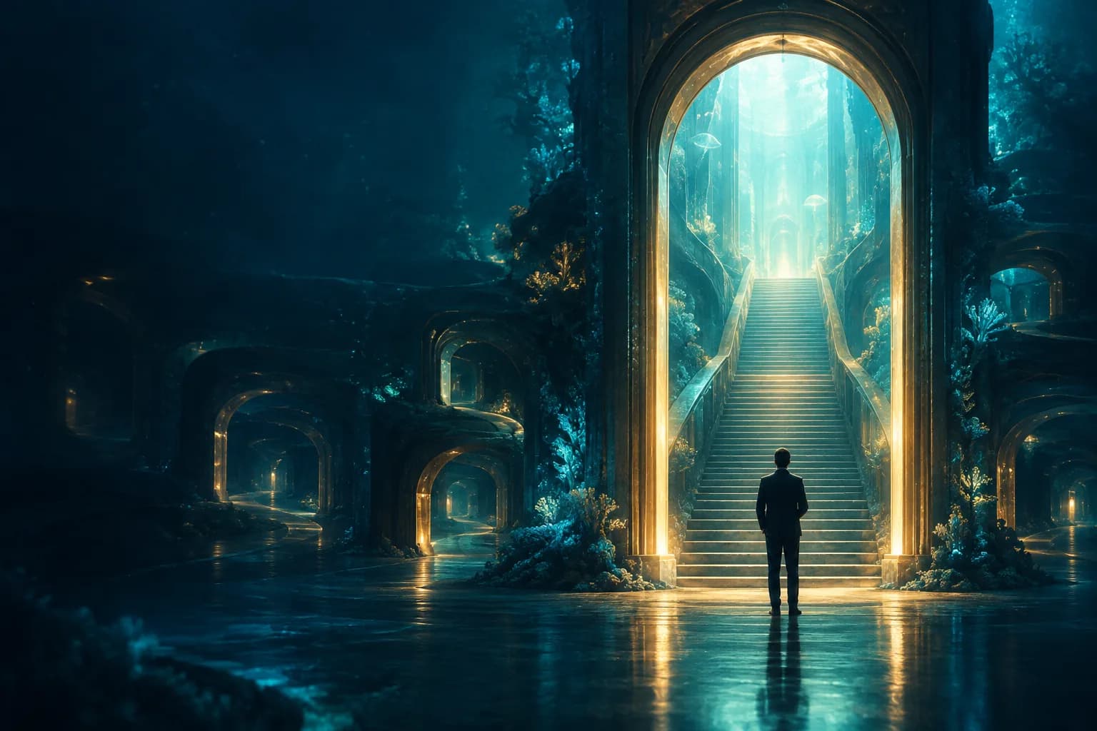 Luminous ocean archway with branching corridors and a central stairway leading upward