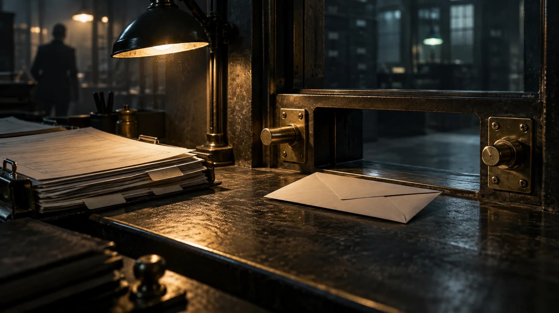 An envelope waits beneath a dispatch hatch with one brass bolt open and another closed, beside an open evidence folder.