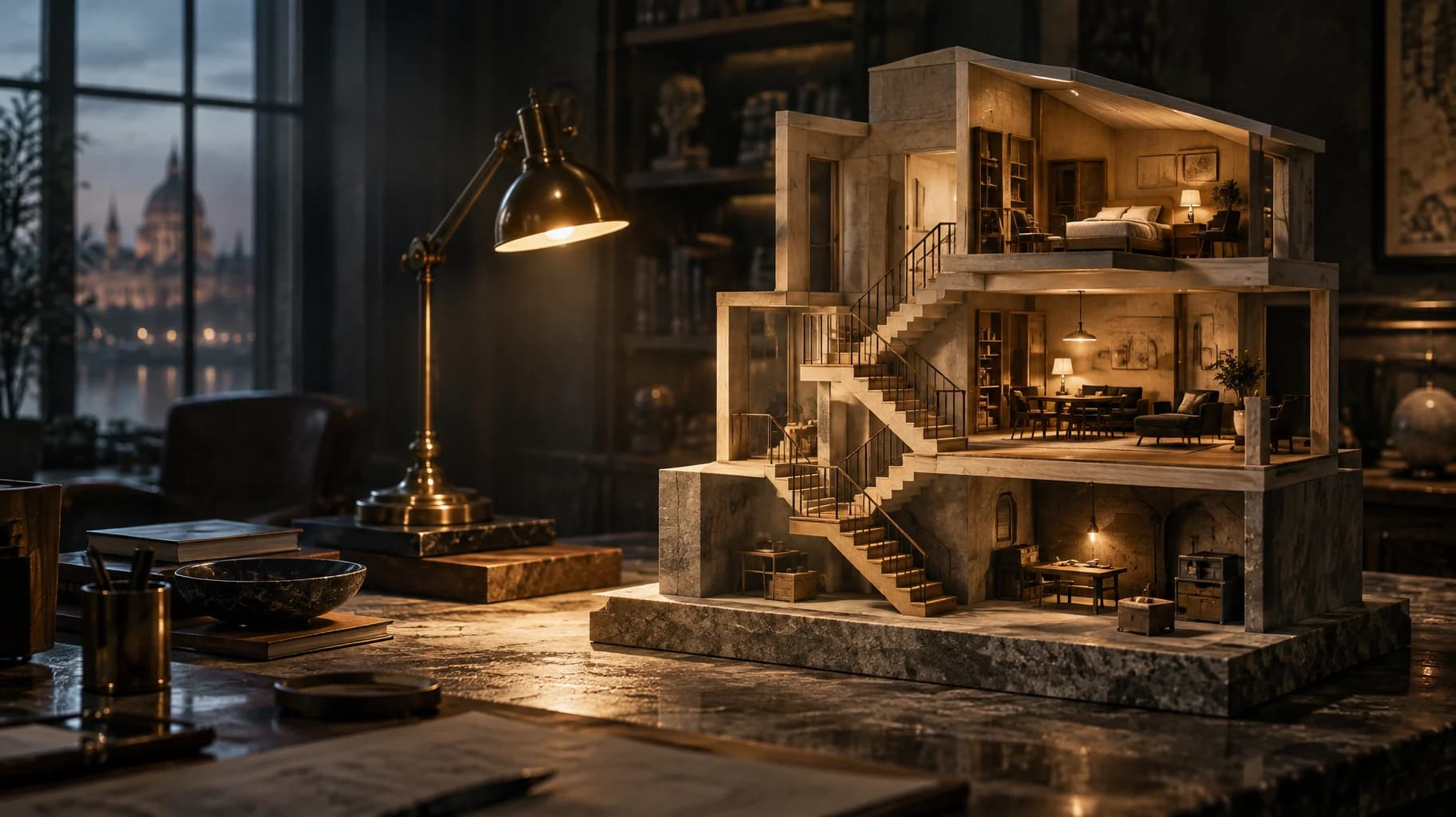 A brass lamp illuminates a three-level architectural cutaway connected by a stairwell above one shared foundation.
