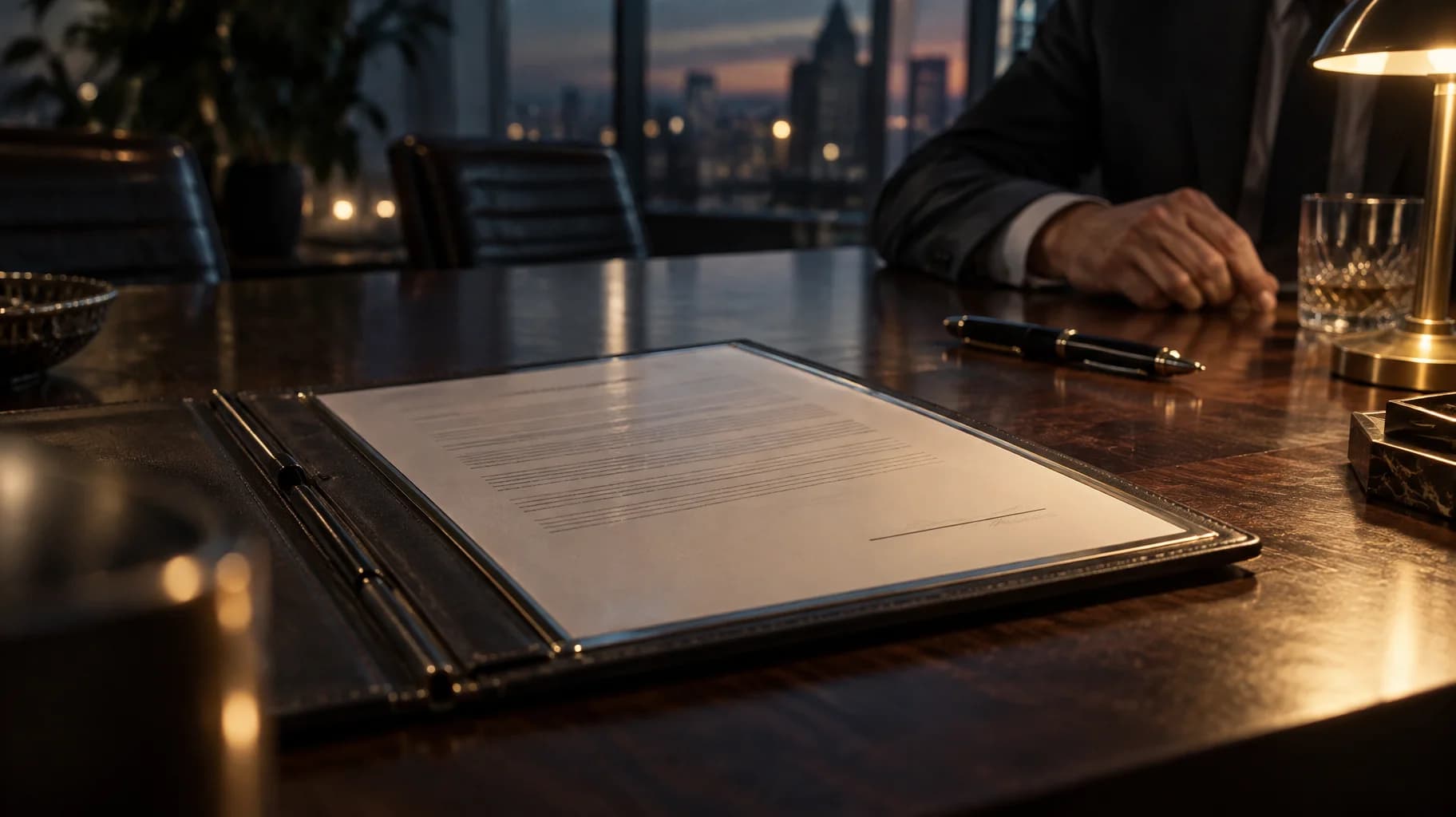A completed project folder awaits a signature, with a pen beside an authorised decision-maker’s resting hand.