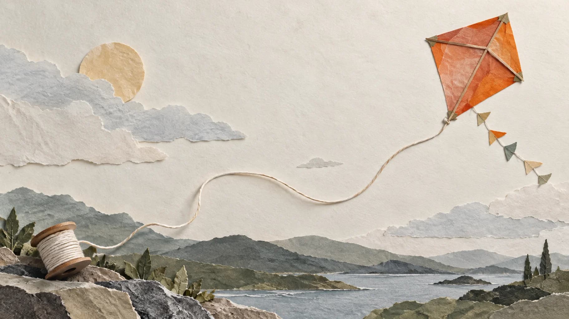 An orange paper kite and a small spool remain connected by a long, slack cord across an ivory background.