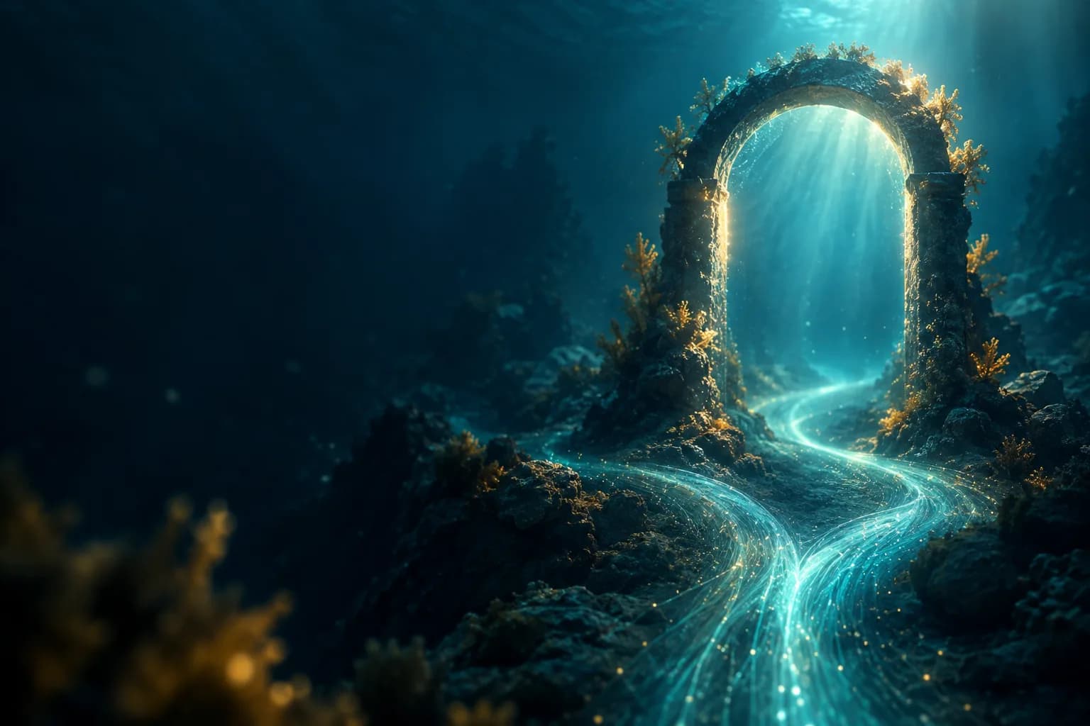 Glowing underwater archway where a current divides and rejoins beyond the threshold