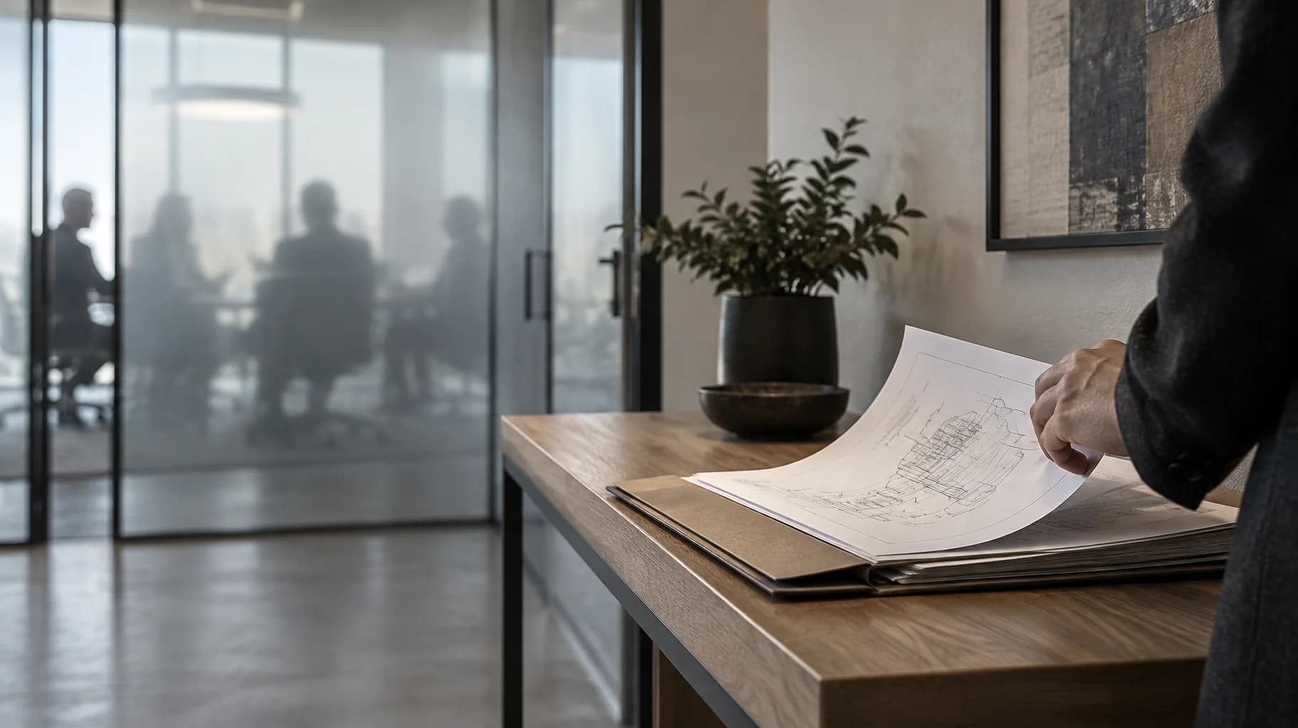A hand examines an open evidence folder outside a frosted-glass meeting room, with blurred figures inside.