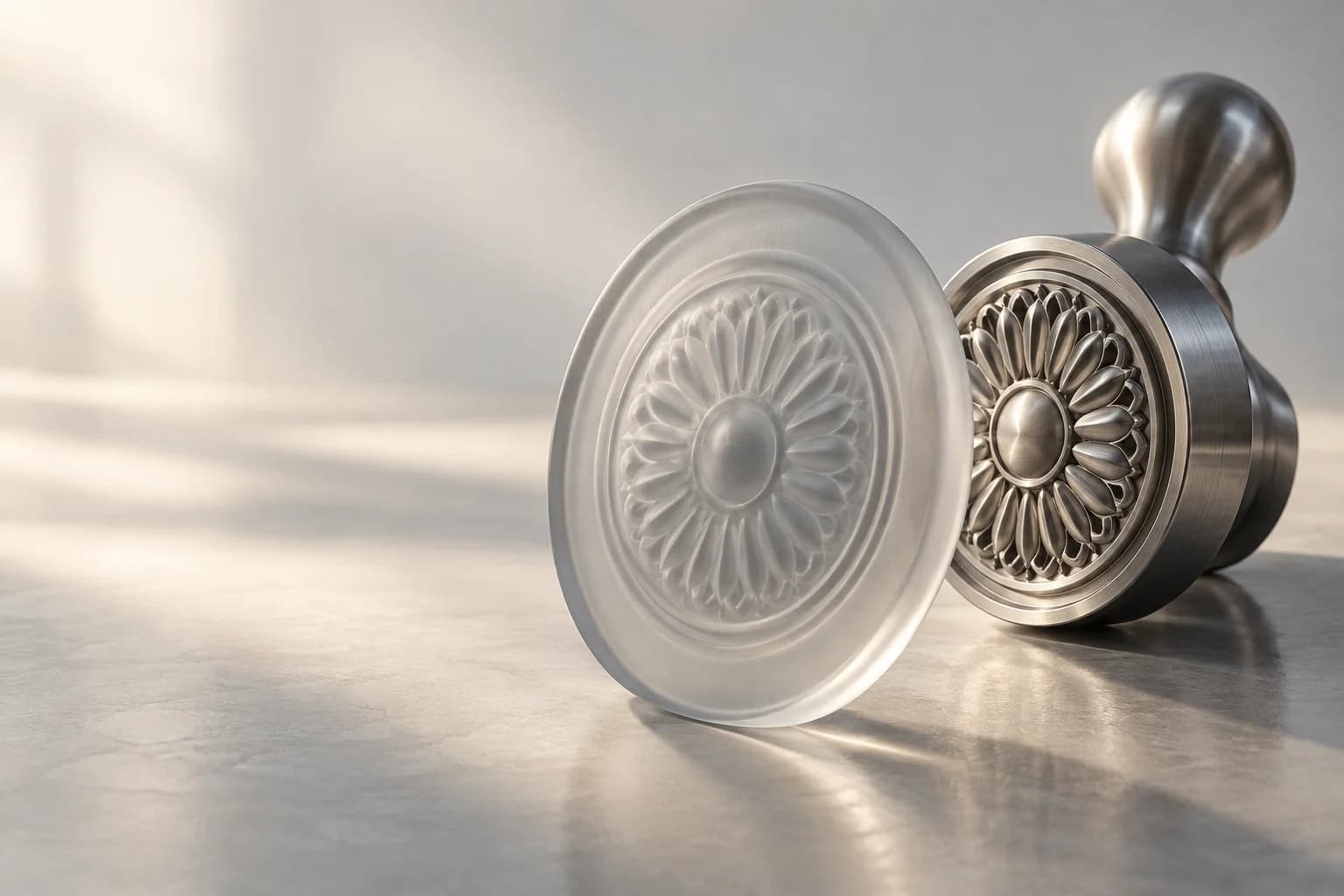 A frosted-glass impression lies beside a metal seal, preserving its pattern without its working form.