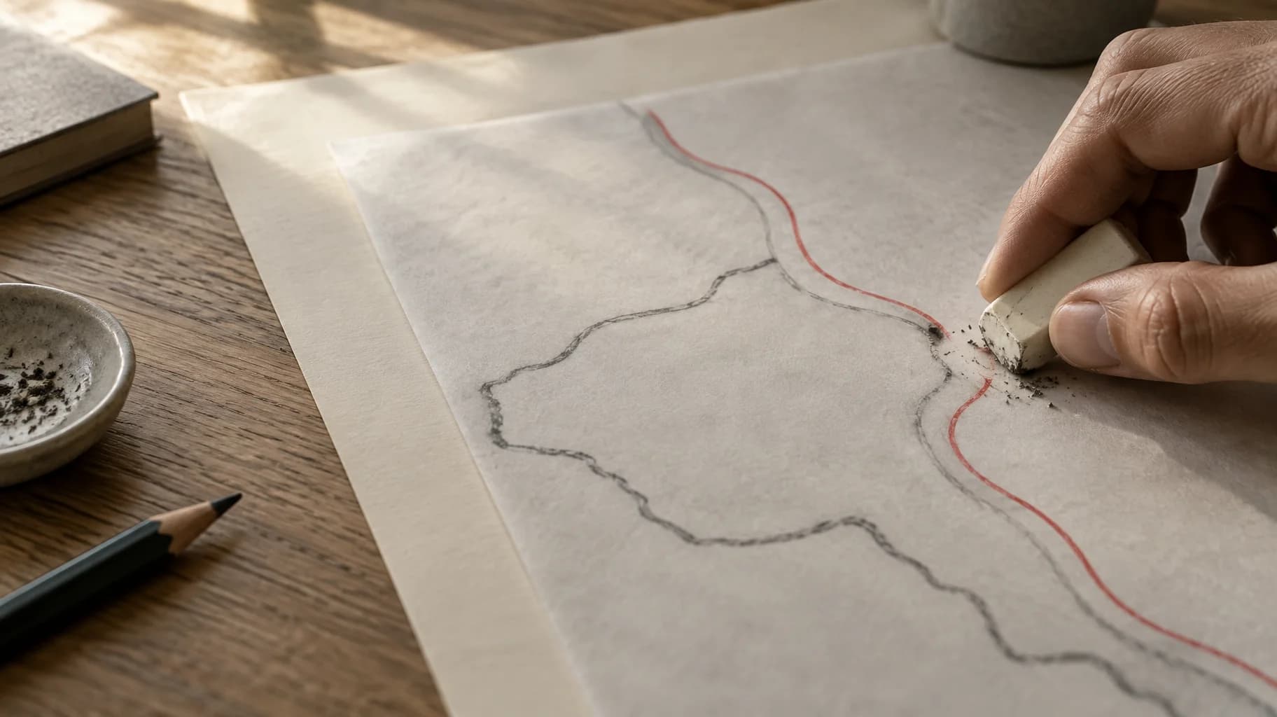 A hand erasing part of a pencil outline on tracing paper, leaving a red guide line, as if editing a draft to keep its voice.
