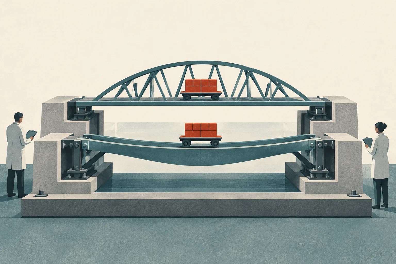Two differently shaped bridges carry identical weighted trolleys on a testing bench, with their supporting connections exposed.