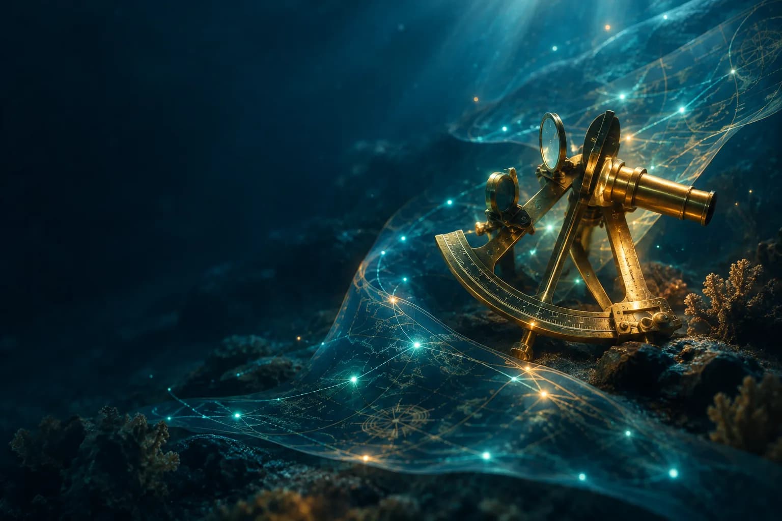 Brass sextant over a glowing nautical chart in a deep-ocean scene, with bioluminescent markers