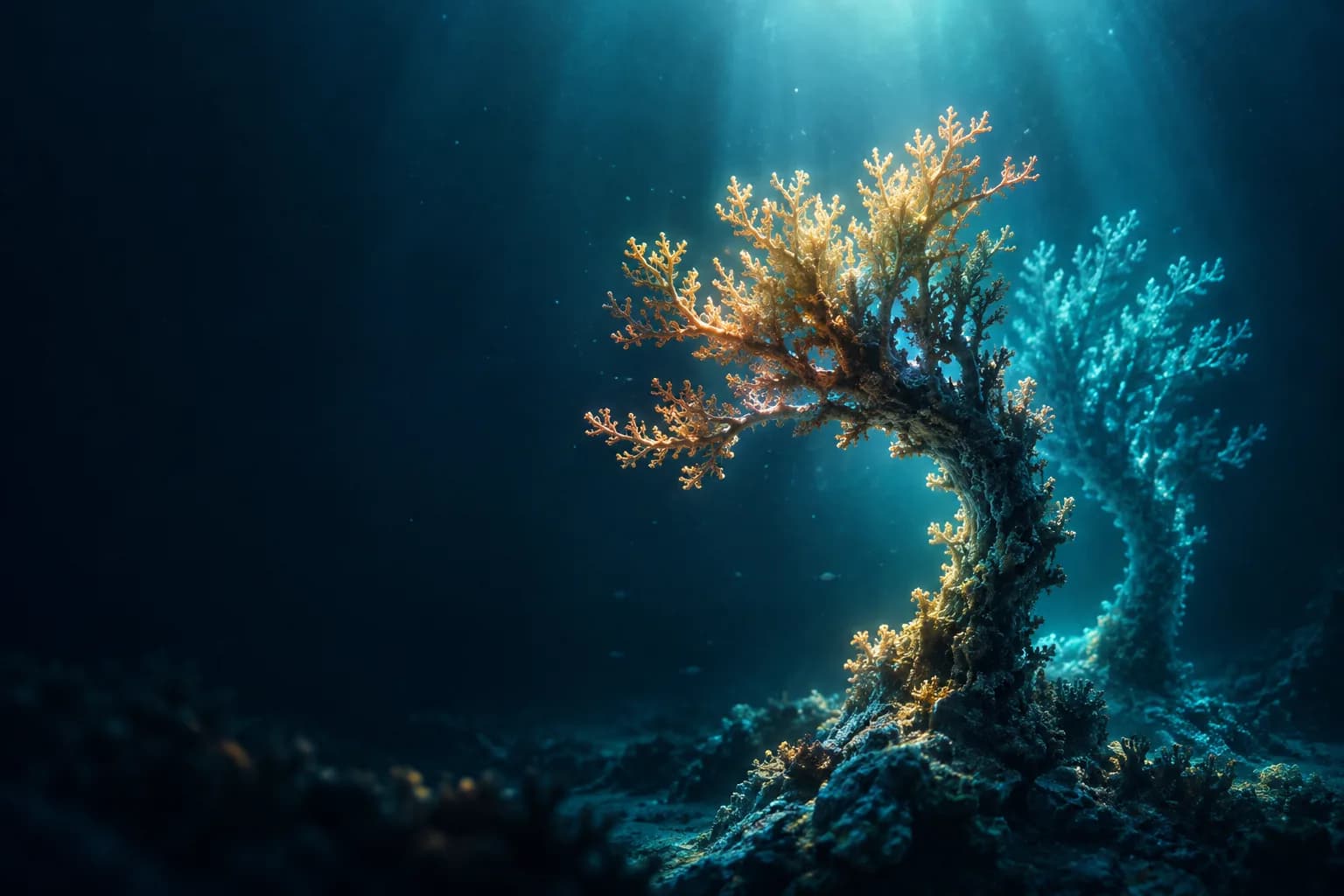 Luminous coral arch with a second offset coral silhouette echoing its branching shape