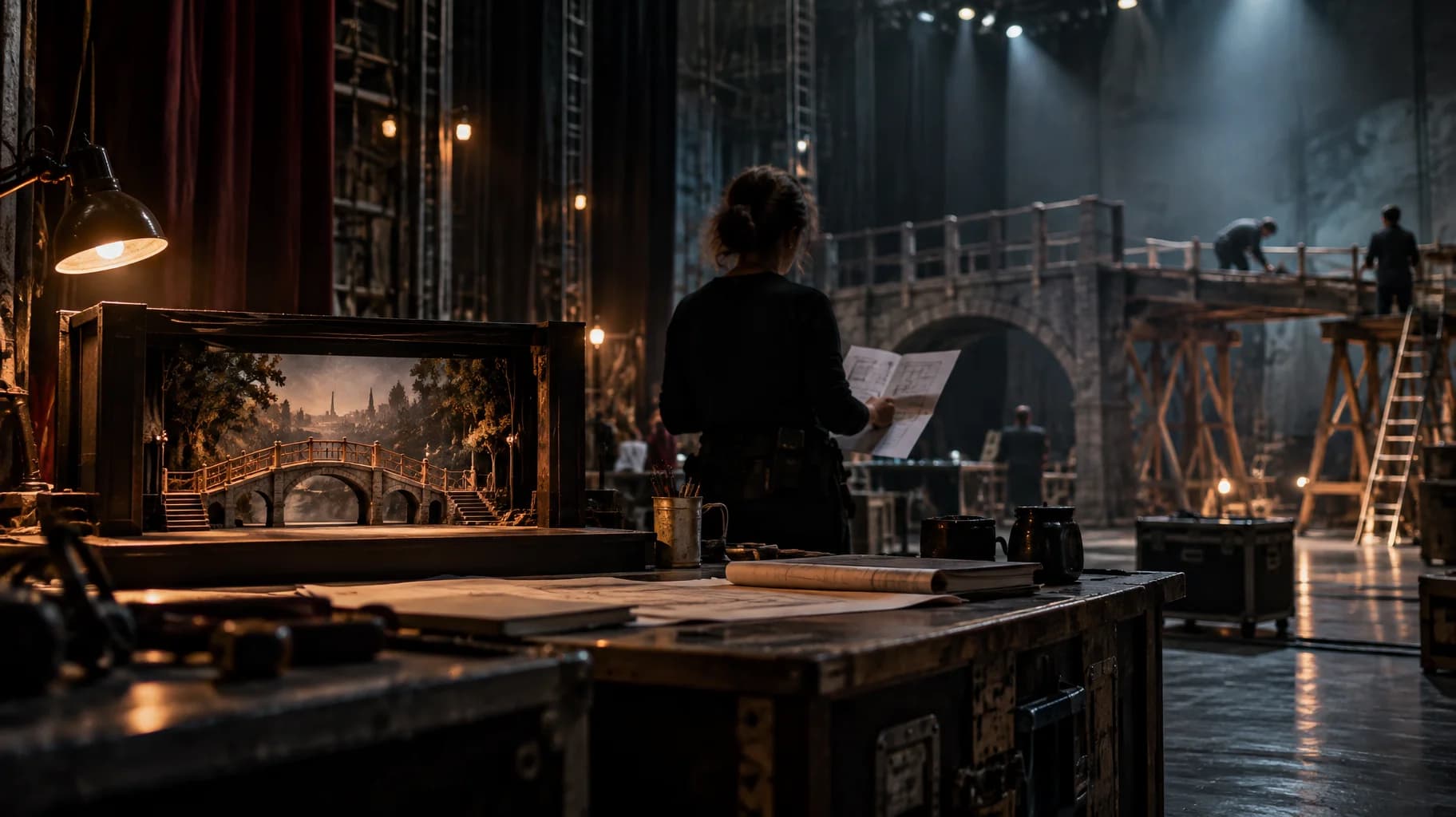 A stage manager compares a complete theatre miniature with its full-size bridge, which is still unfinished.