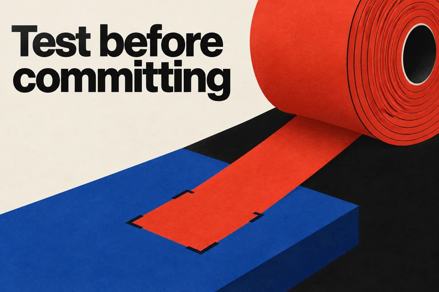 A large red roll releases only a short strip onto a bounded blue testing bed, leaving most material in reserve.