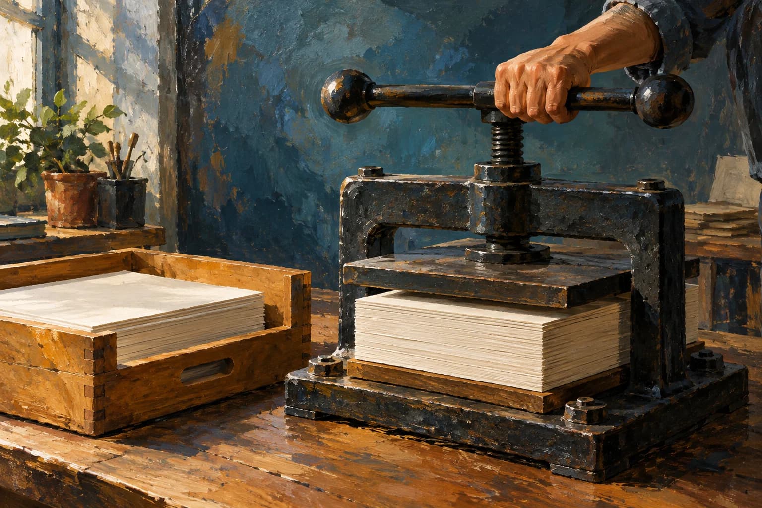 A hand holds down a manual paper press while a separate tray of prepared report sheets waits beside it.