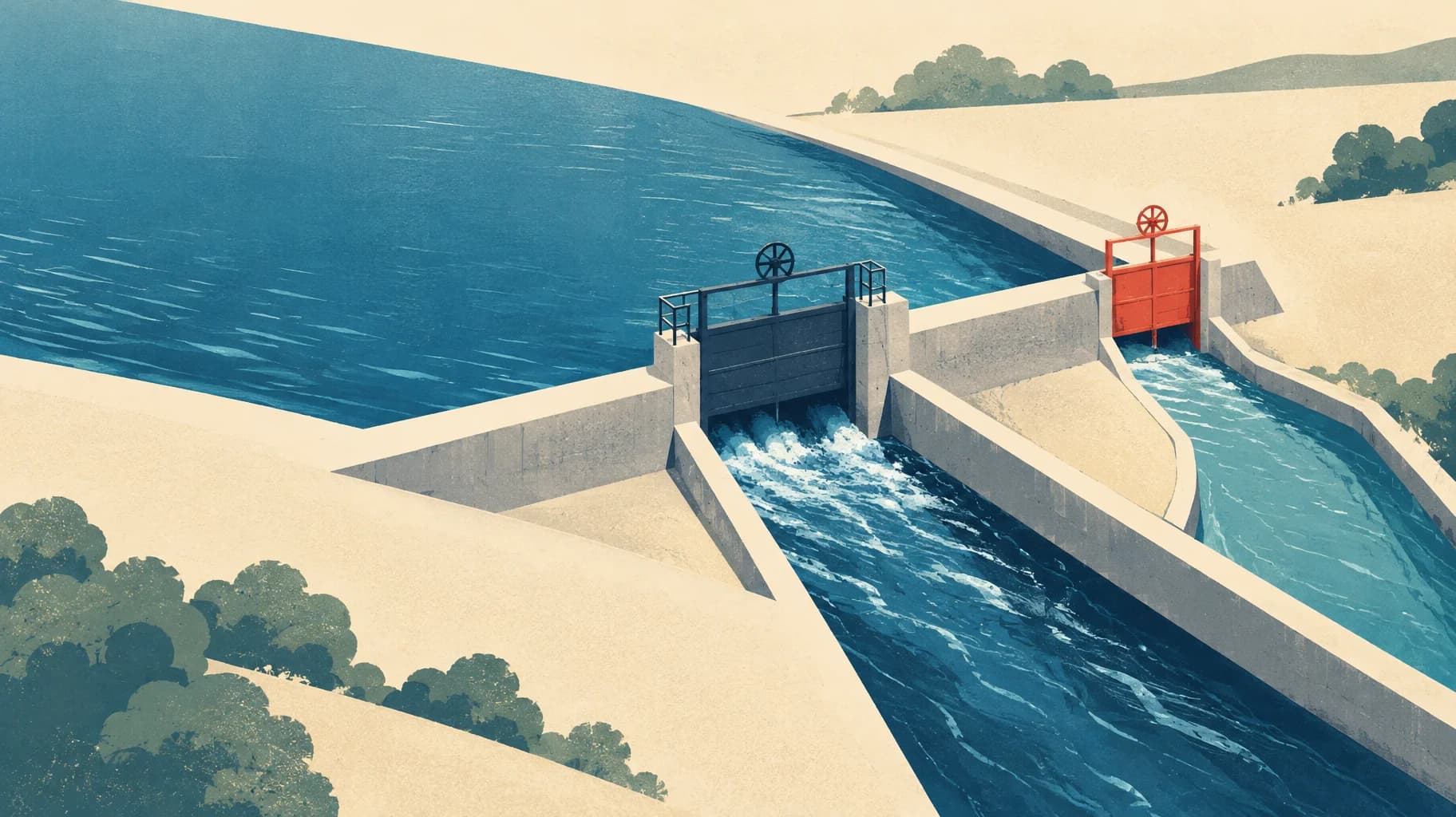 A backed-up water channel gains a bounded side branch with its own red control gate.