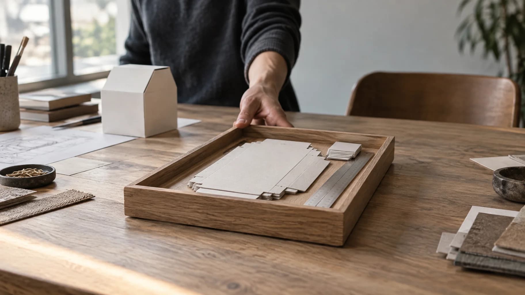 A hand slides a tray of packaging blanks across a worktable while a finished prototype remains beside the designer.