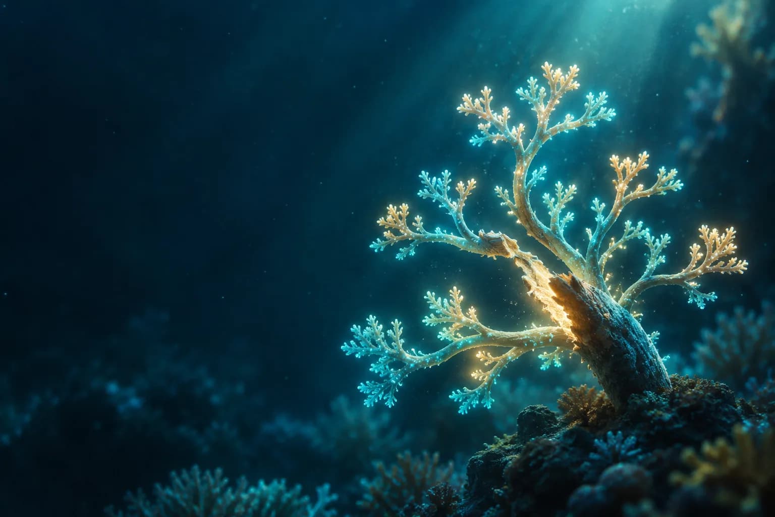 A glowing coral structure with a broken branch sprouting many new branches in deep blue water.