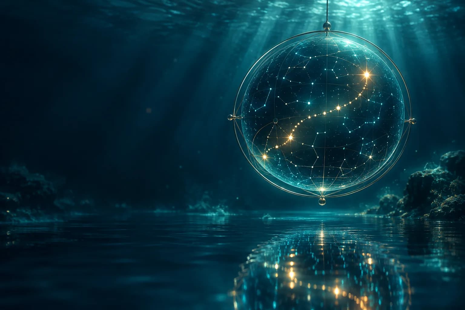 A glowing star map under the sea, reflected in still water, with one clear curving path of stars