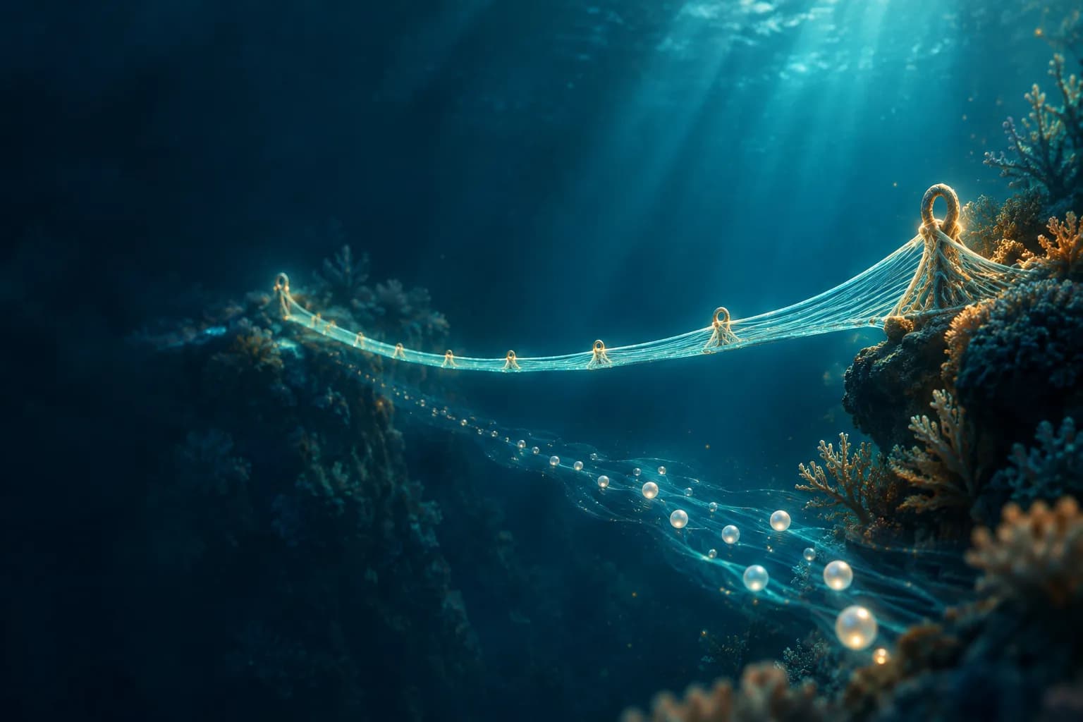 A glowing woven bridge linking two coral shelves, with repeating anchor loops and pearls drifting below.