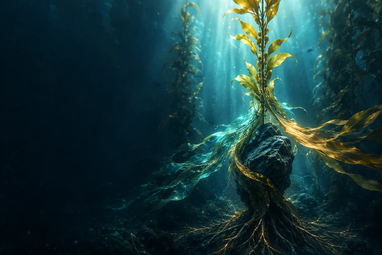 Tall kelp in a light shaft, with three flowing currents converging around a central stone anchor.